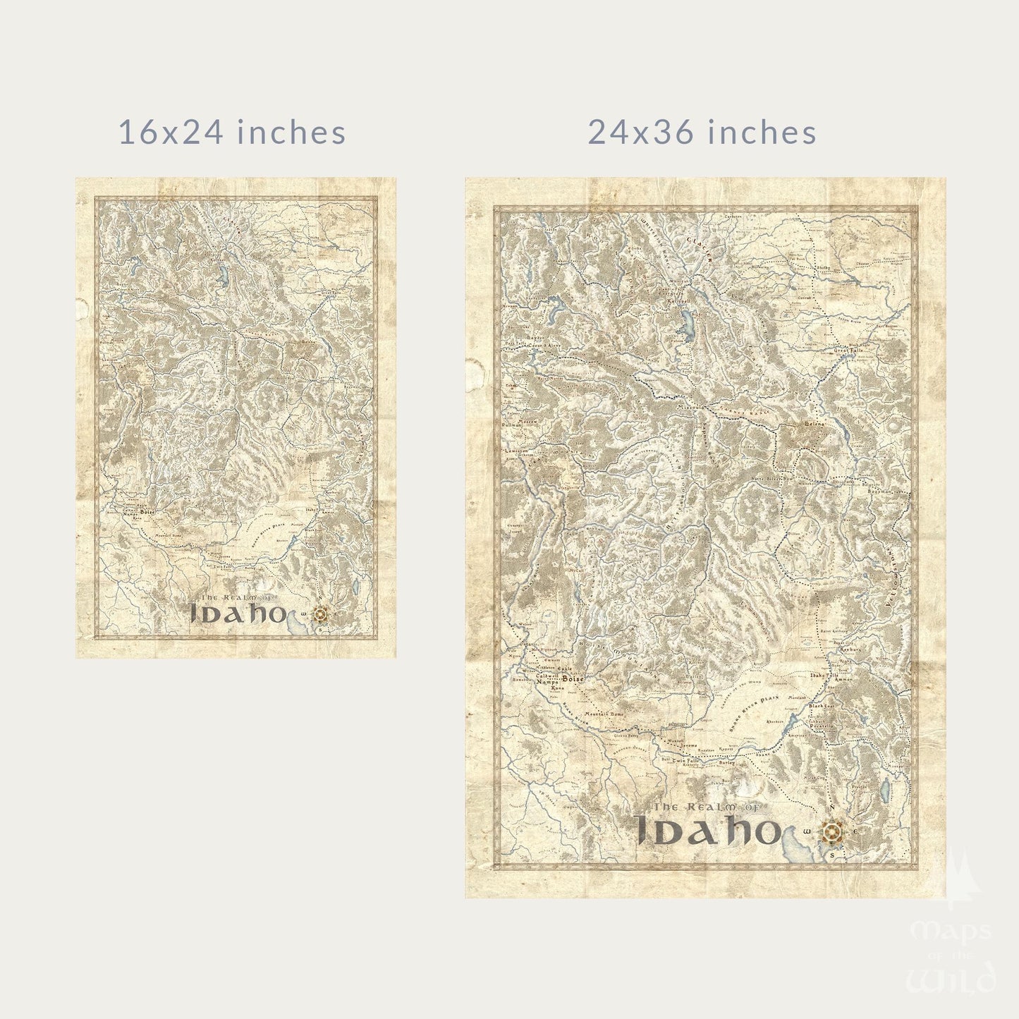 Idaho wall map done in fantasy art style for home and office decor.