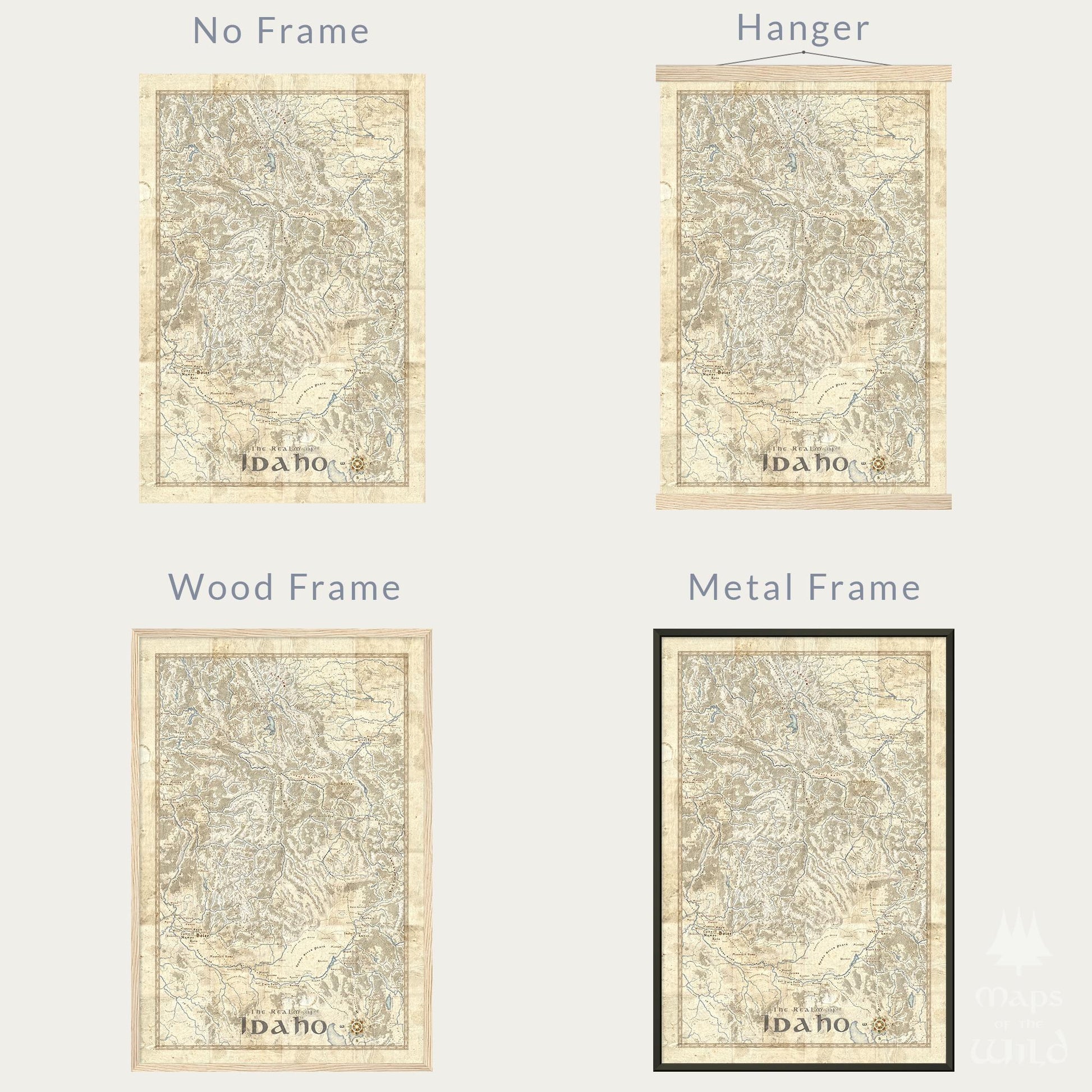 Idaho wall map done in fantasy art style for home and office decor.