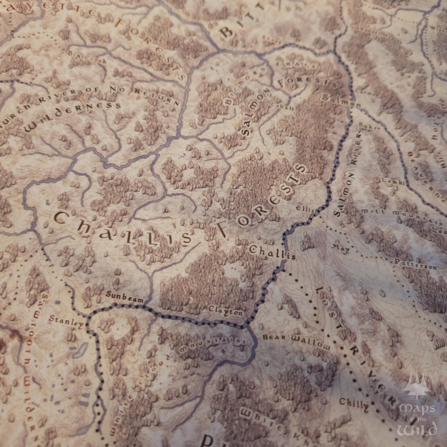Idaho wall map done in fantasy art style for home and office decor.