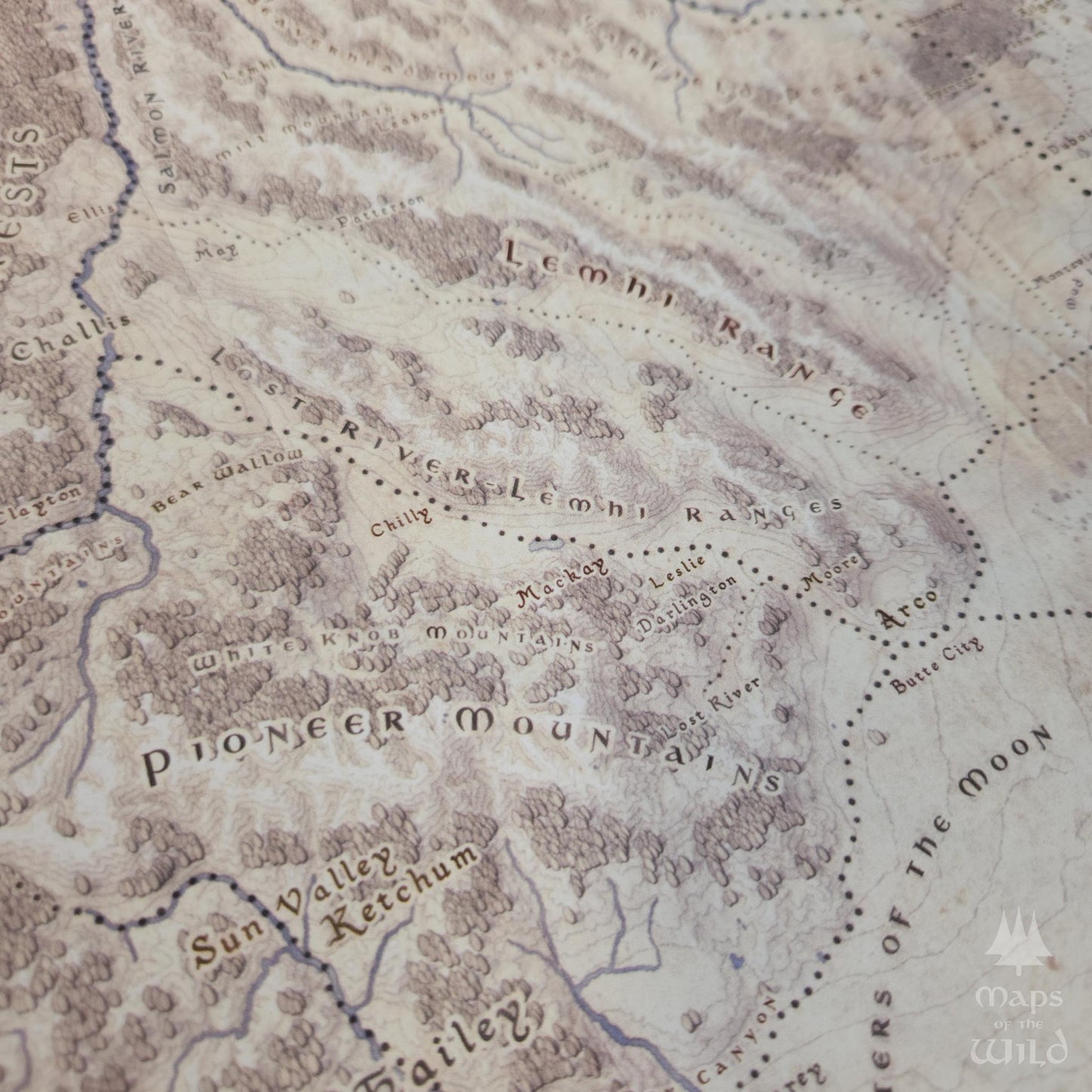 Idaho wall map done in fantasy art style for home and office decor.