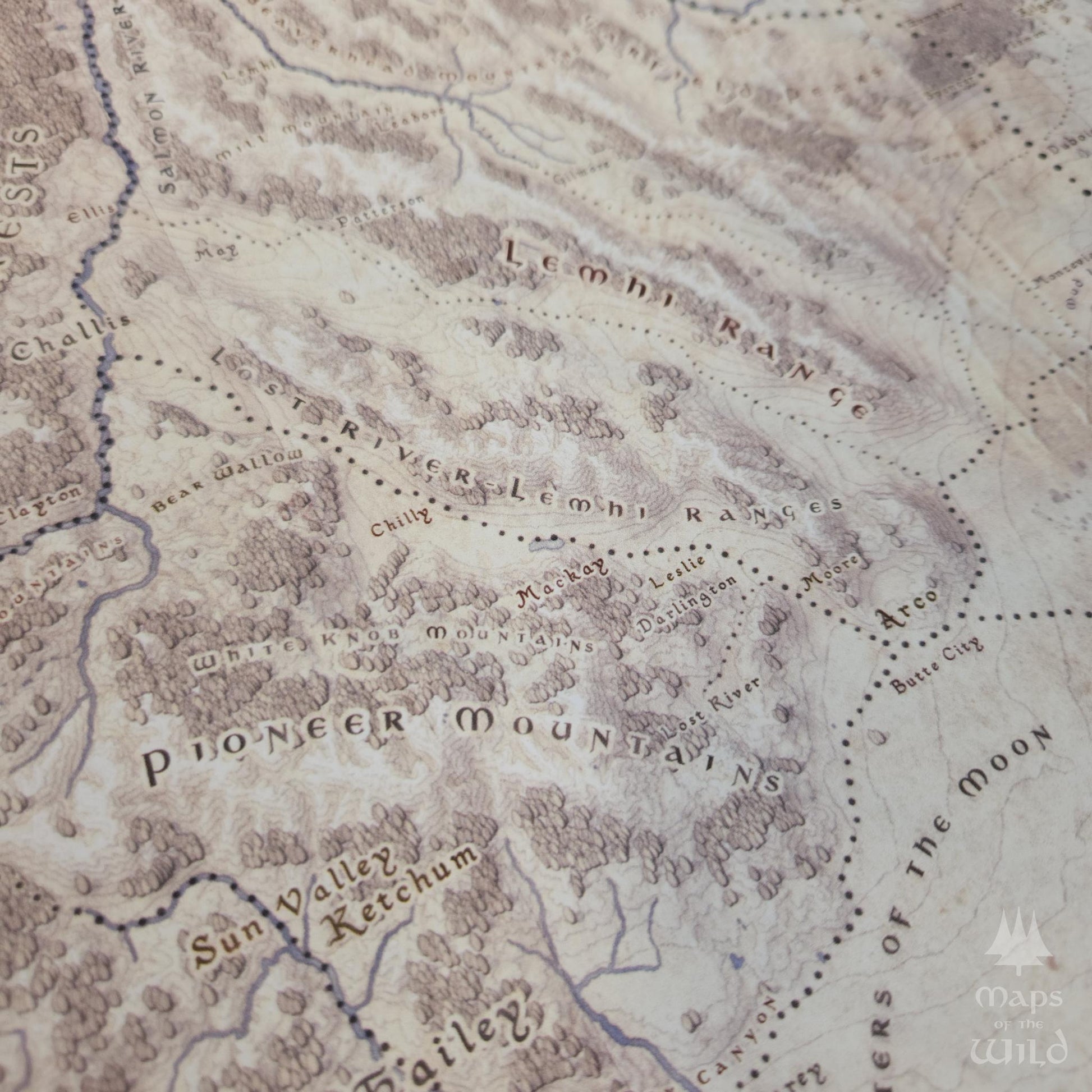 Idaho wall map done in fantasy art style for home and office decor.