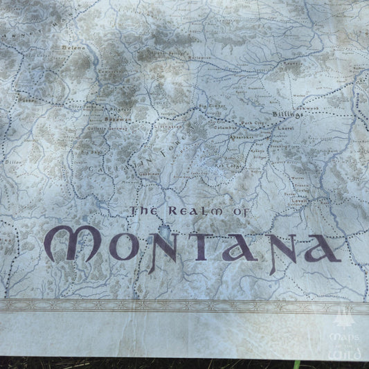 Montana wall map done in fantasy art style for home and office decor.
