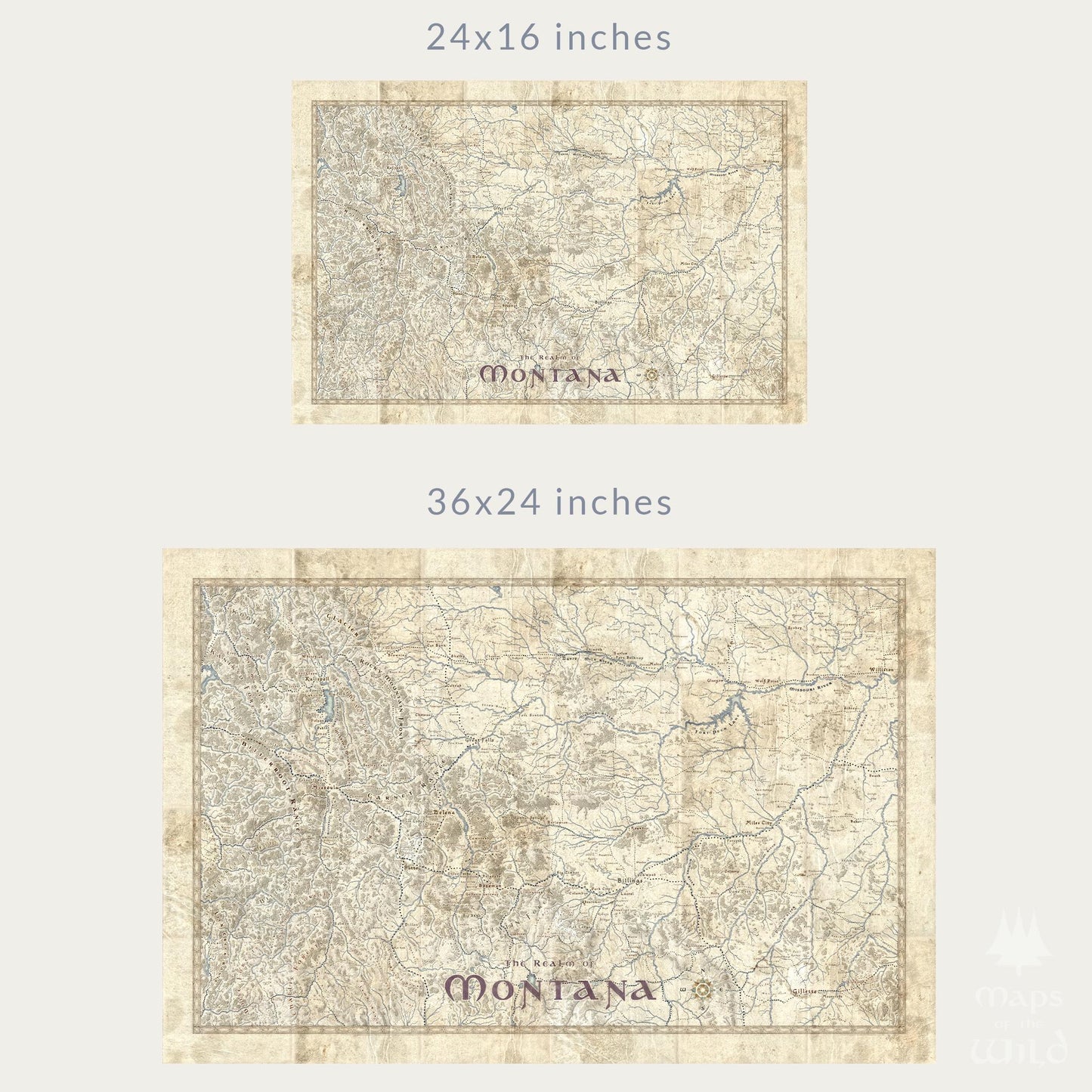 Montana wall map done in fantasy art style for home and office decor.