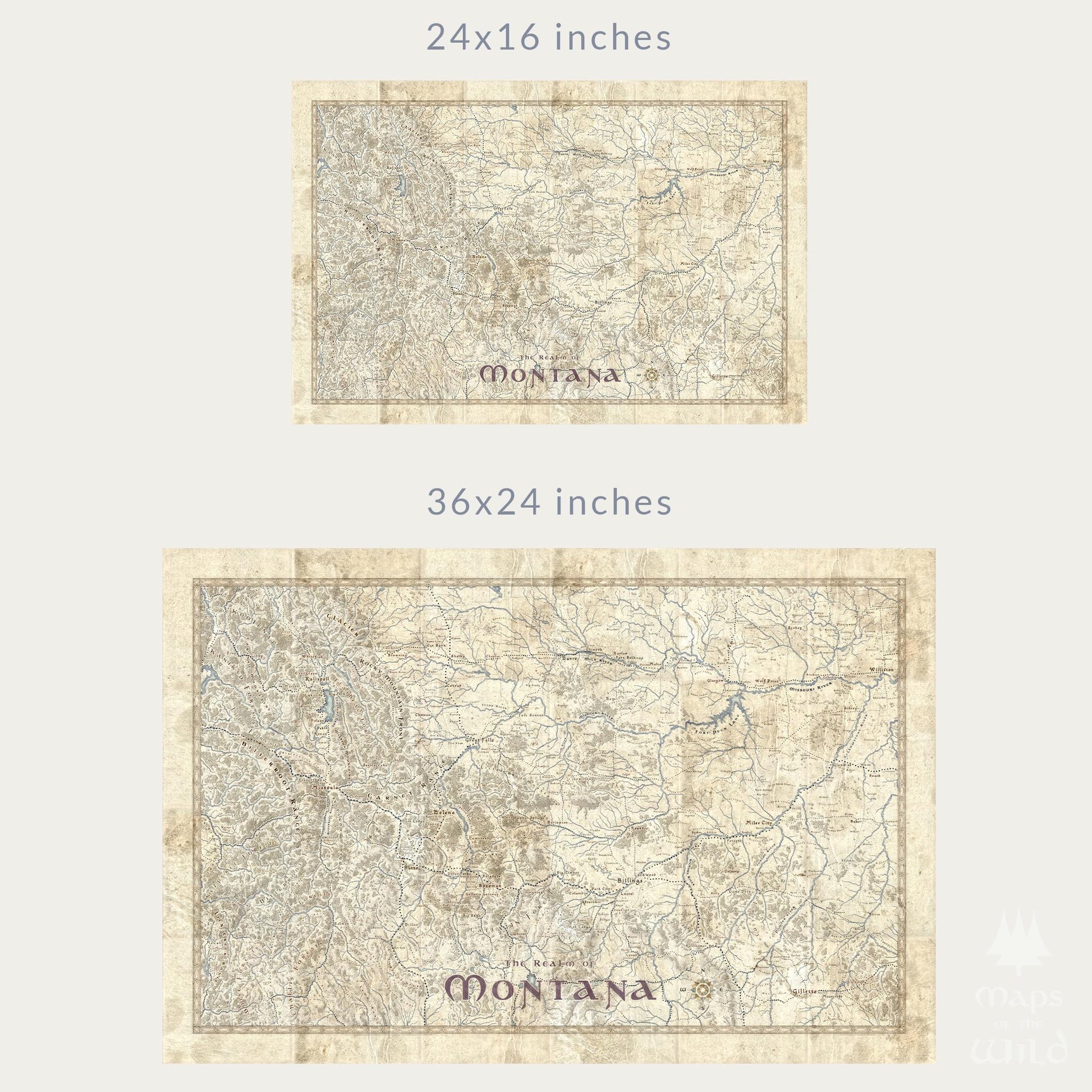 Montana wall map done in fantasy art style for home and office decor.