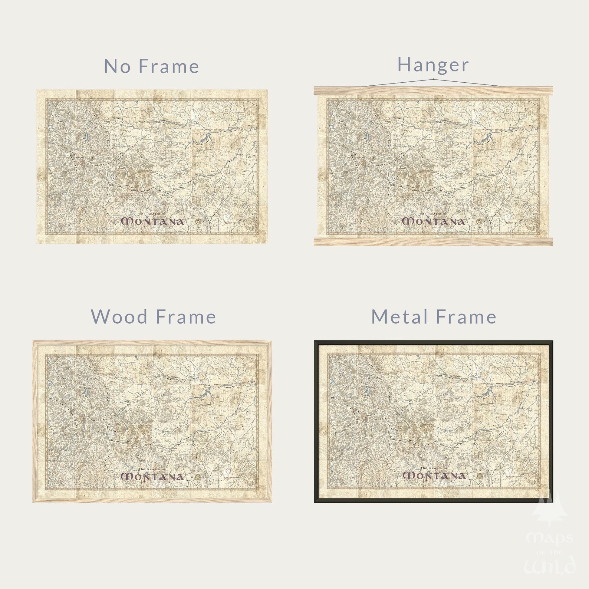 Montana wall map done in fantasy art style for home and office decor.