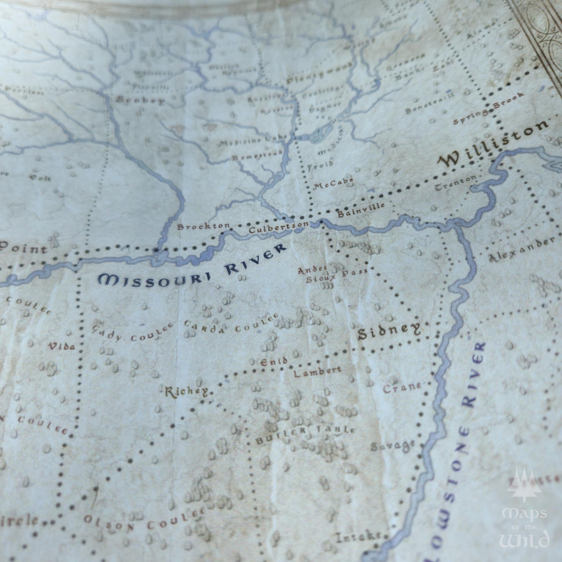 Montana wall map done in fantasy art style for home and office decor.