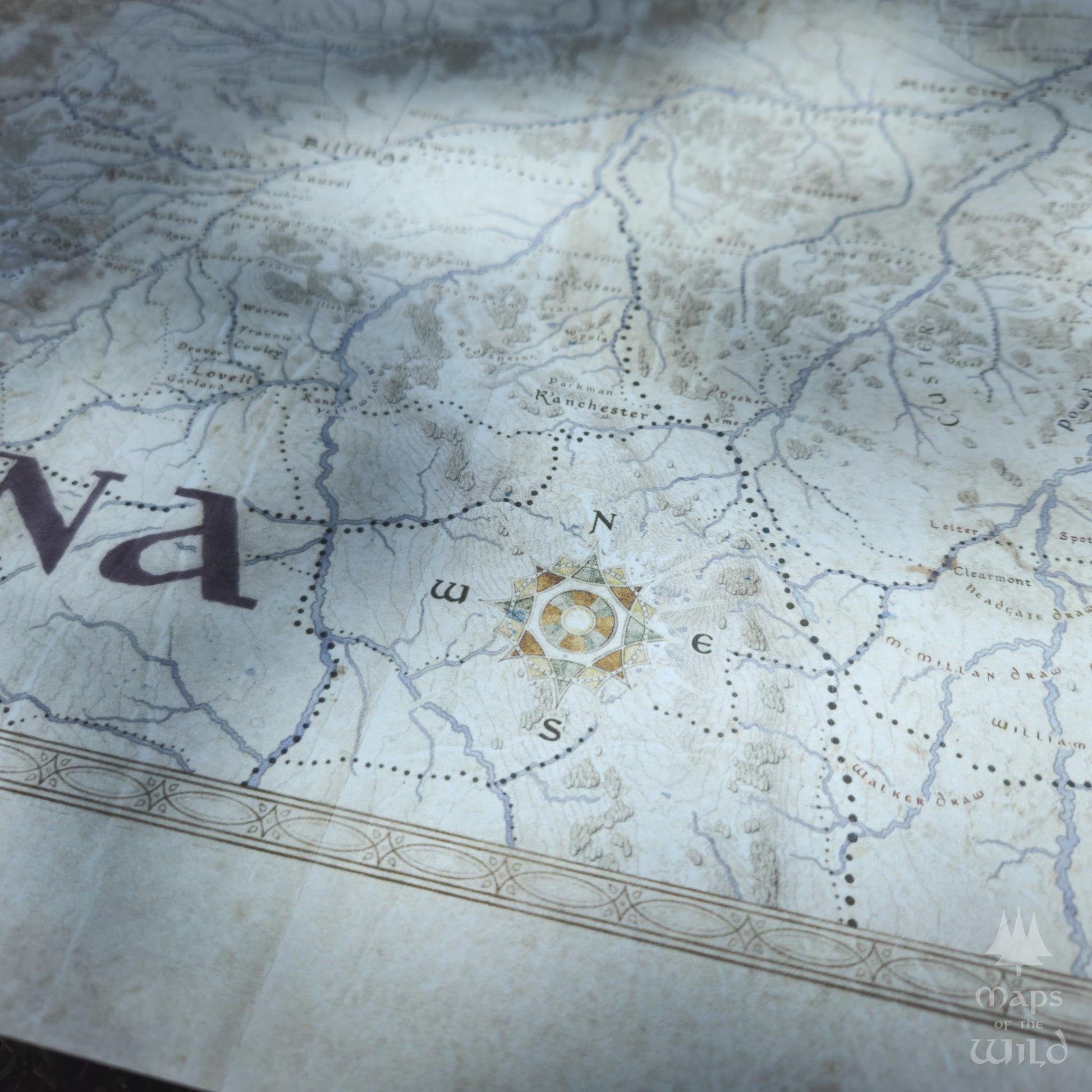 Montana wall map done in fantasy art style for home and office decor.