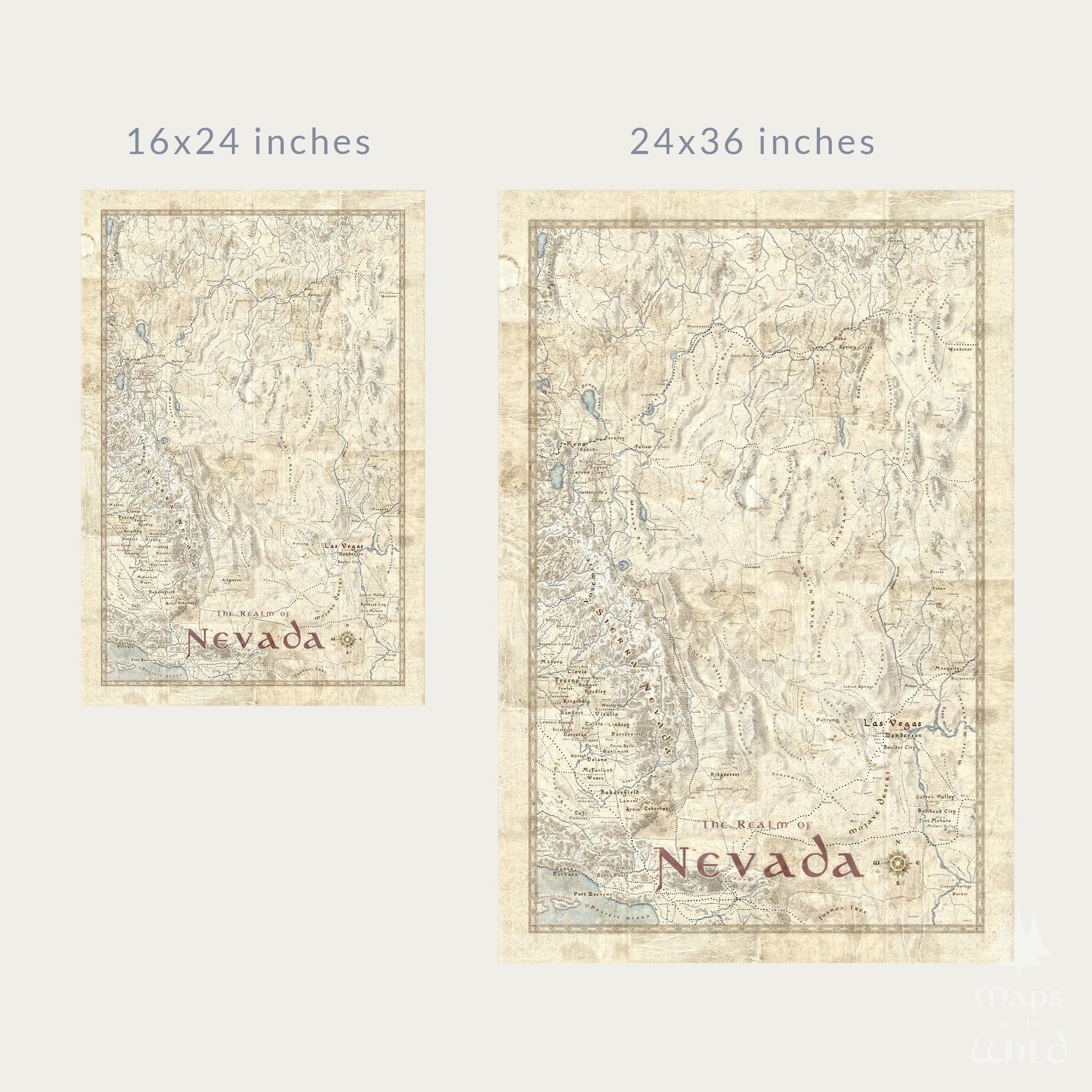 Nevada wall map done in fantasy art style for home and office decor.
