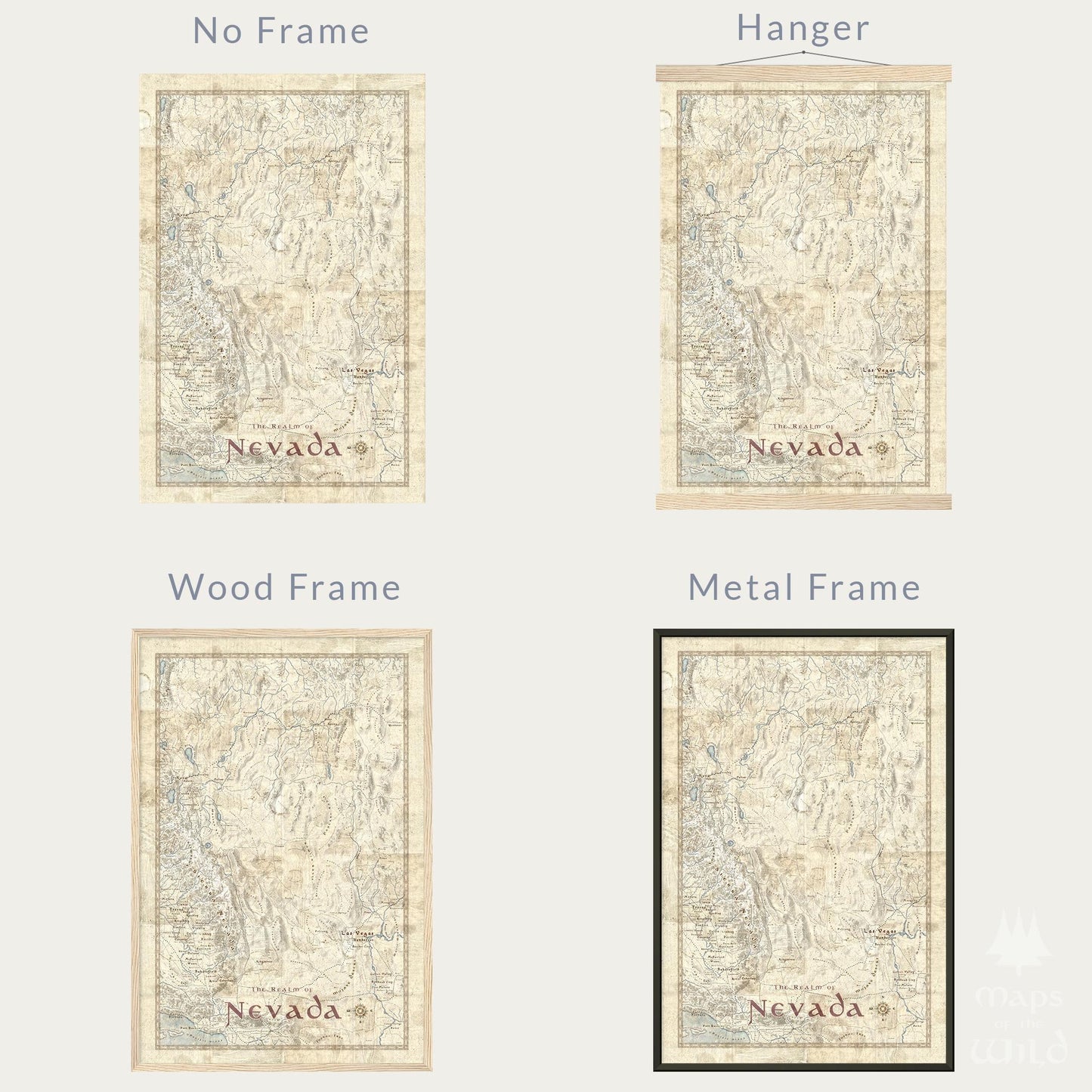 Nevada wall map done in fantasy art style for home and office decor.