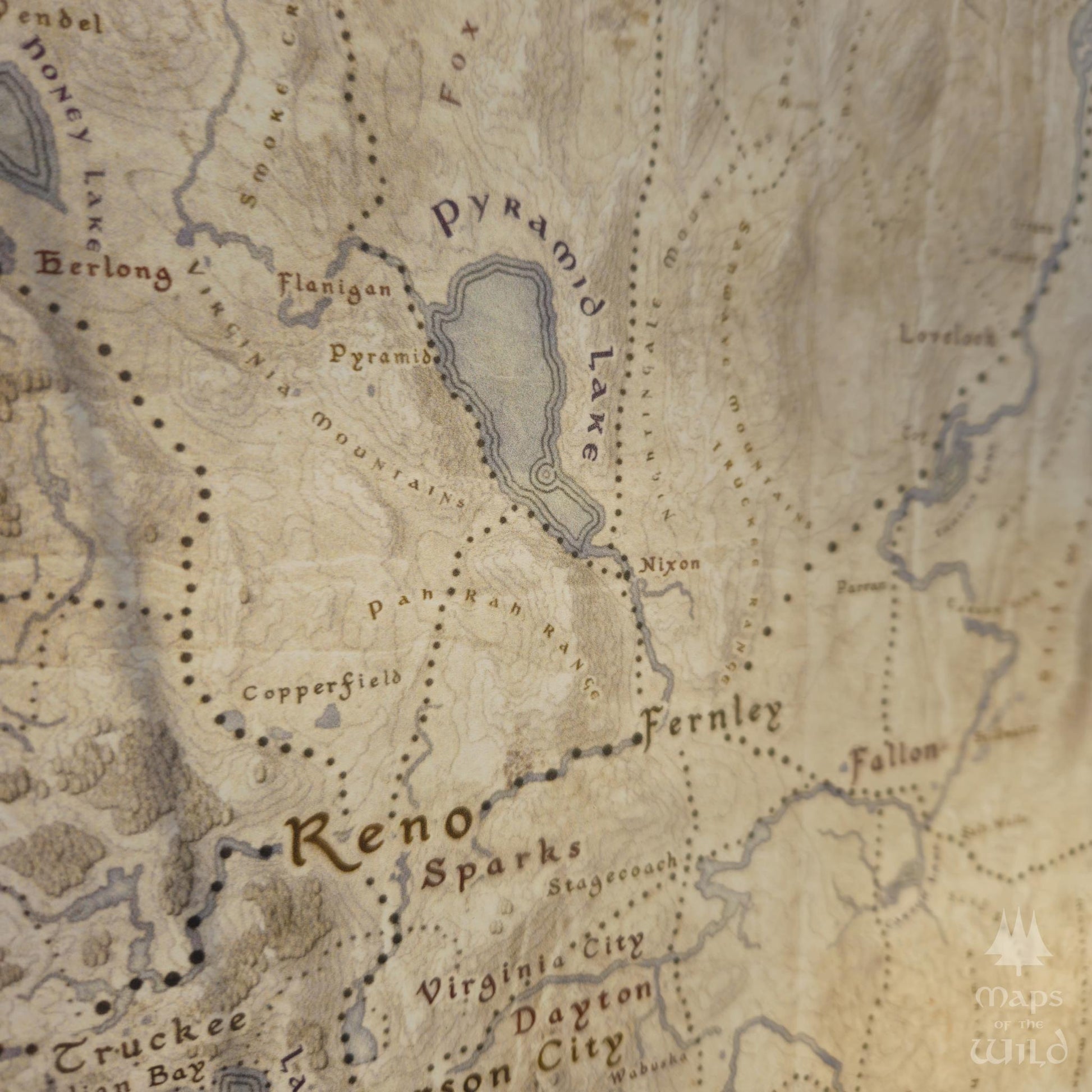 Nevada wall map done in fantasy art style for home and office decor.