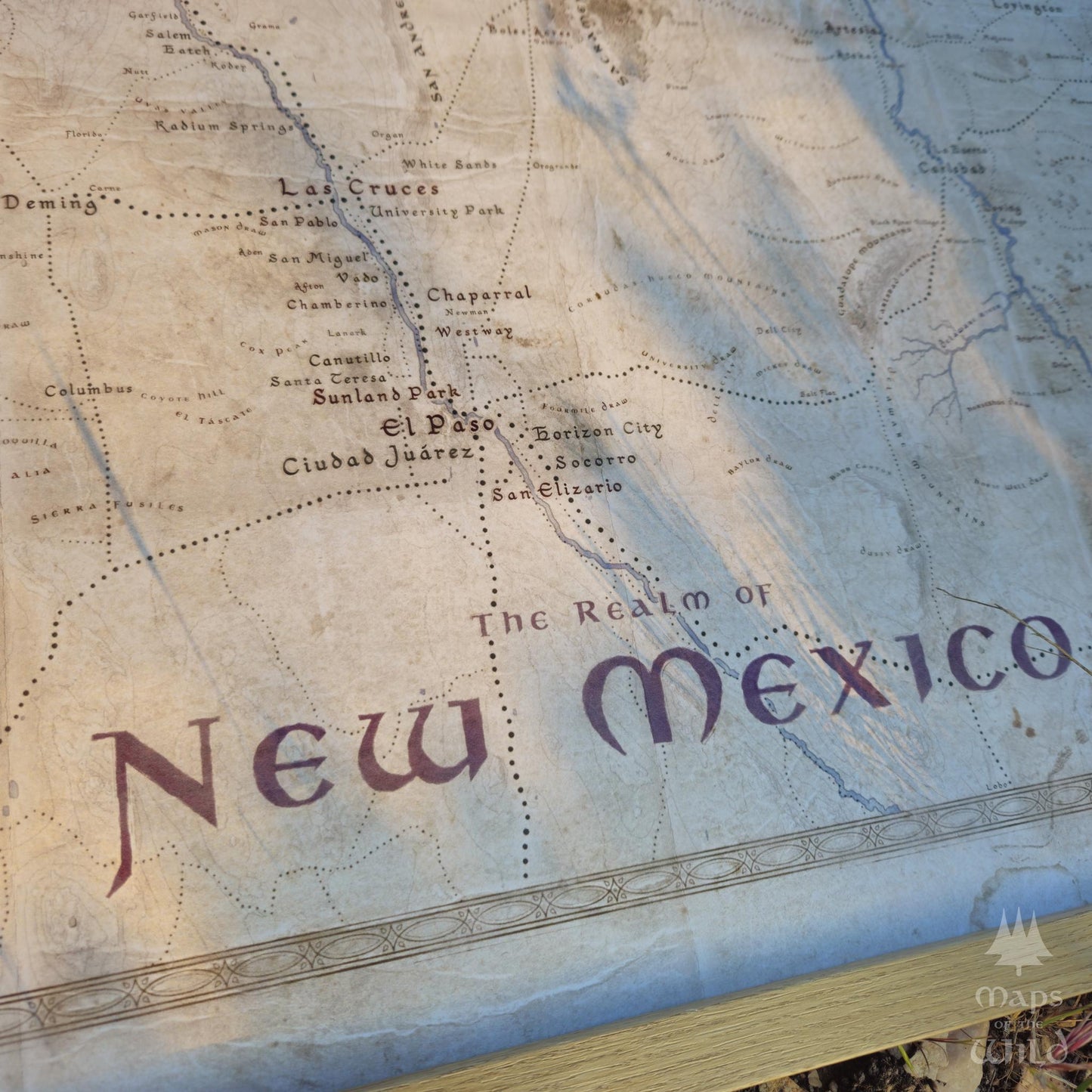 New Mexico wall map done in fantasy art style for home and office decor.
