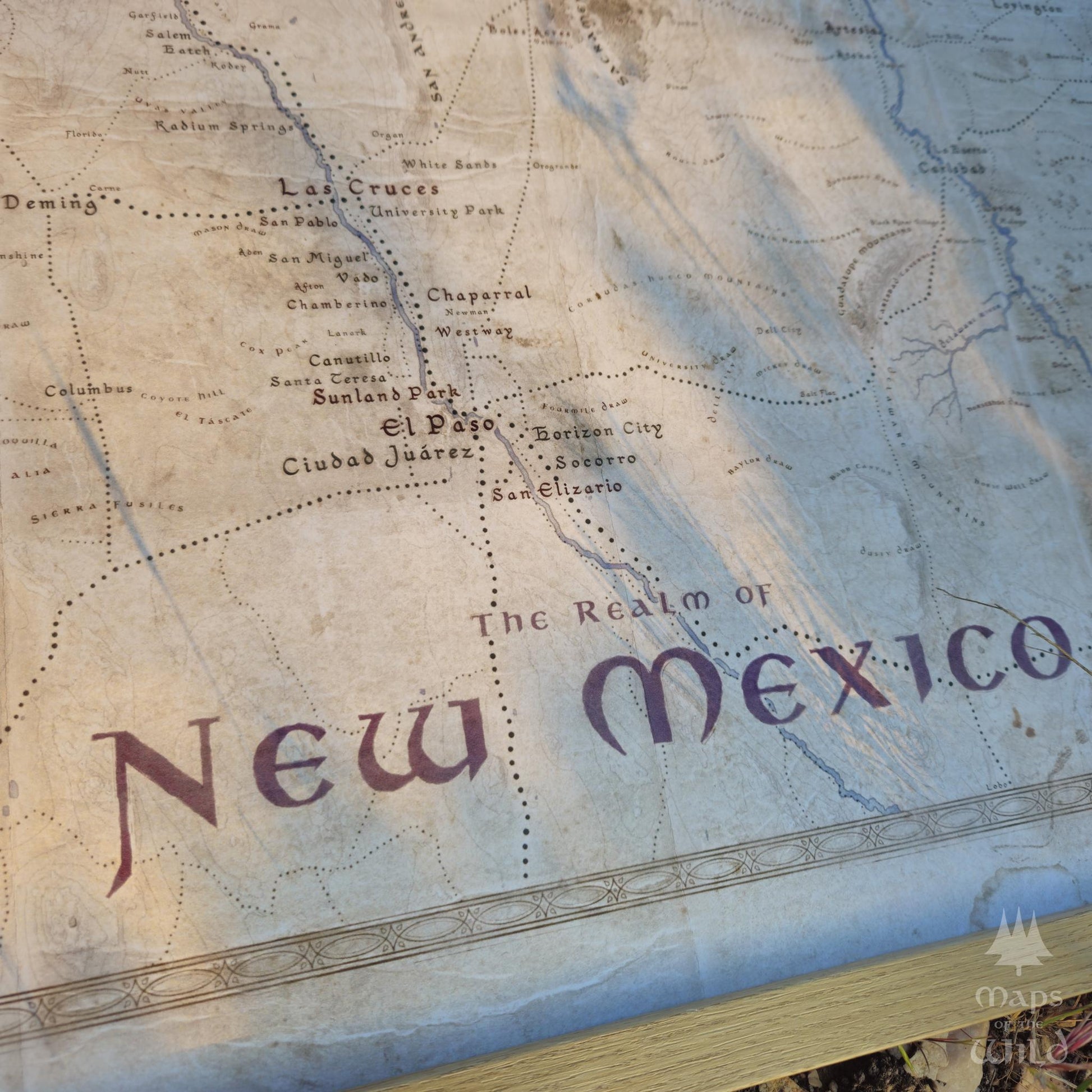 New Mexico wall map done in fantasy art style for home and office decor.