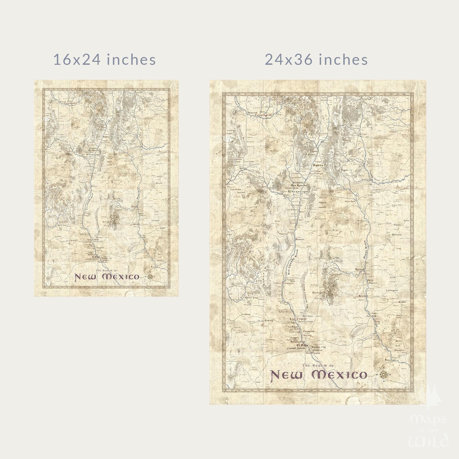 New Mexico wall map done in fantasy art style for home and office decor.