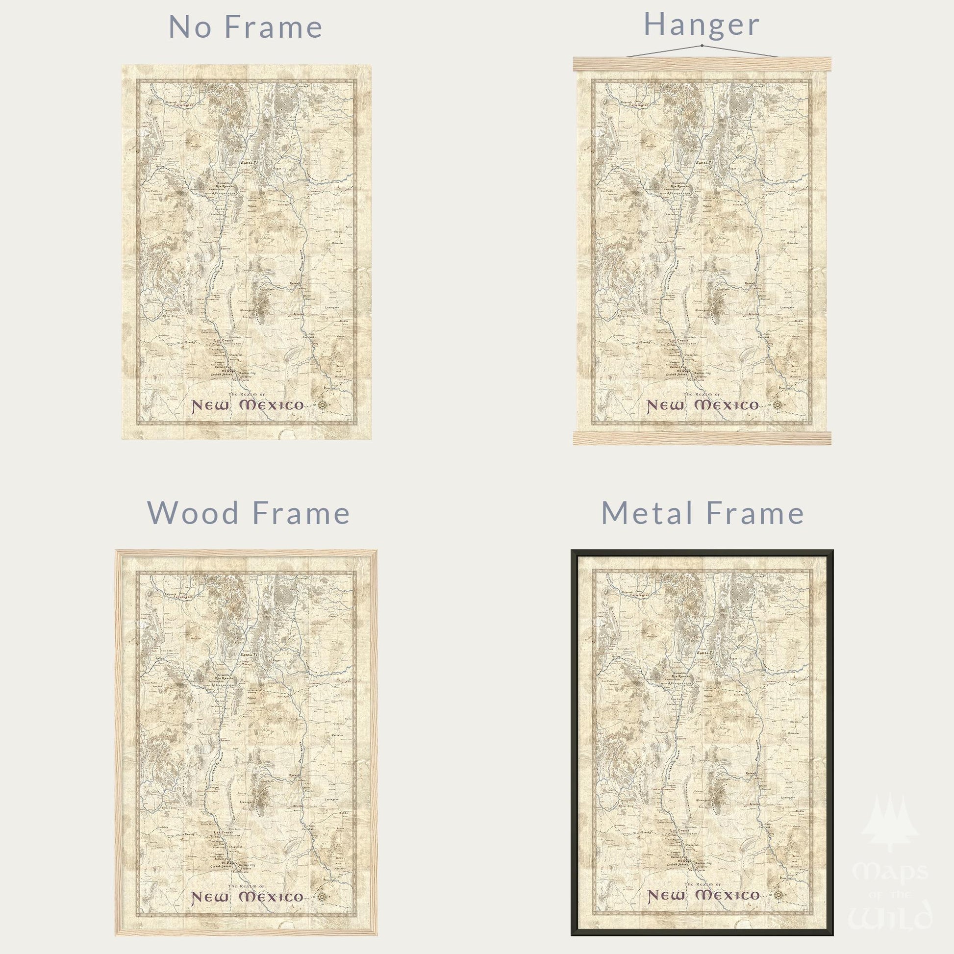 New Mexico wall map done in fantasy art style for home and office decor.