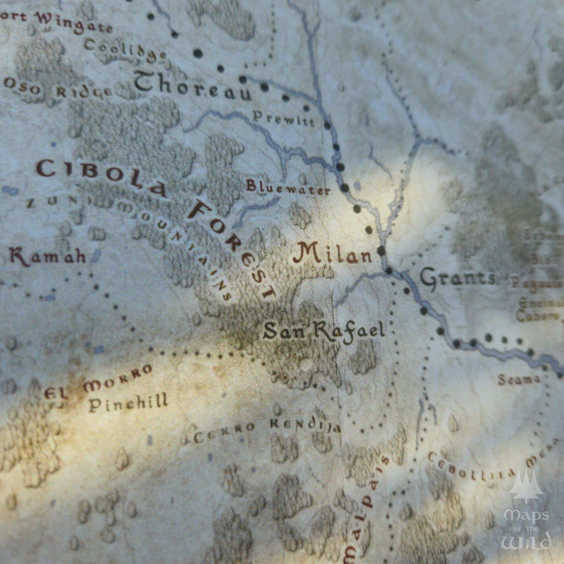 New Mexico wall map done in fantasy art style for home and office decor.