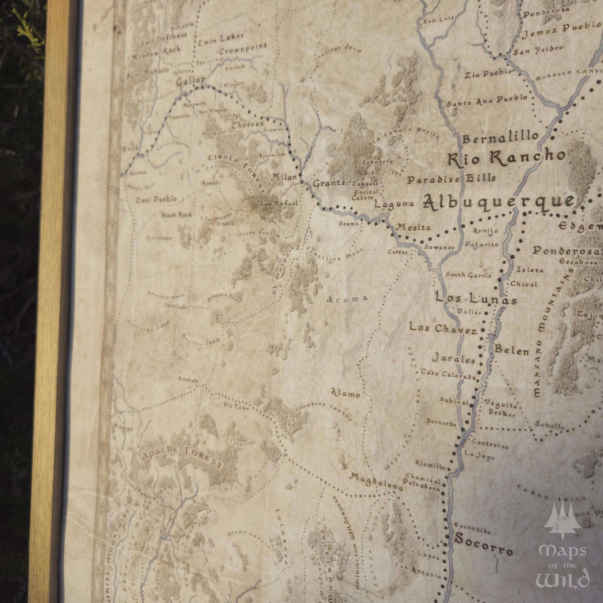 New Mexico wall map done in fantasy art style for home and office decor.