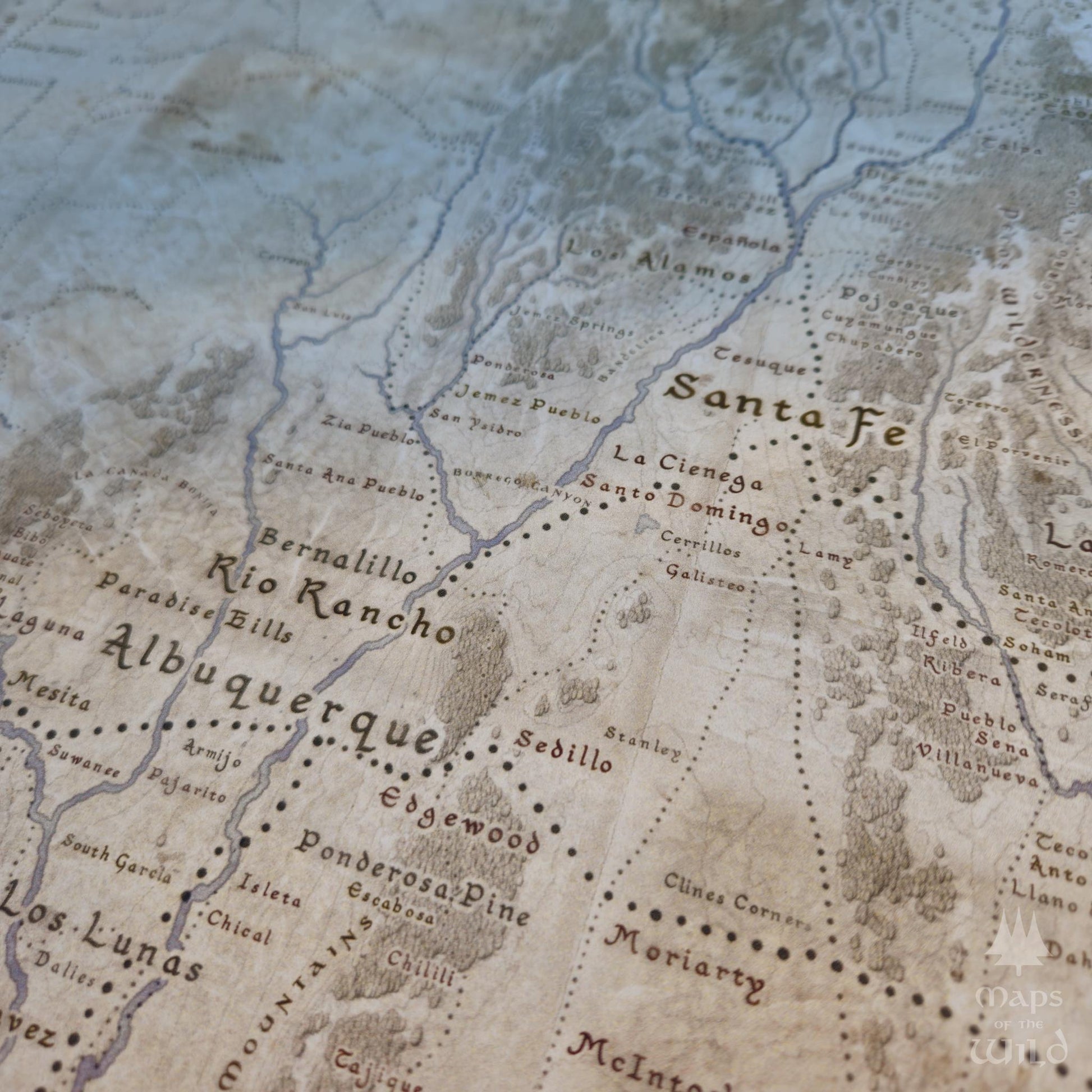 New Mexico wall map done in fantasy art style for home and office decor.