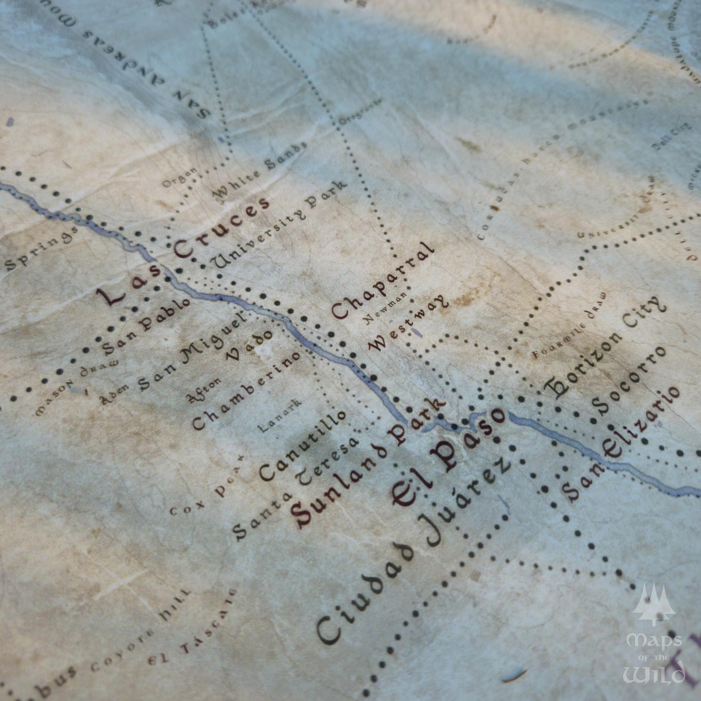 New Mexico wall map done in fantasy art style for home and office decor.