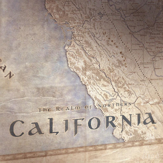 Northern California wall map done in fantasy art style for home and office decor.