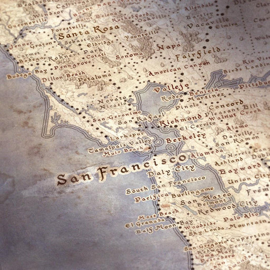 Northern California wall map done in fantasy art style for home and office decor.