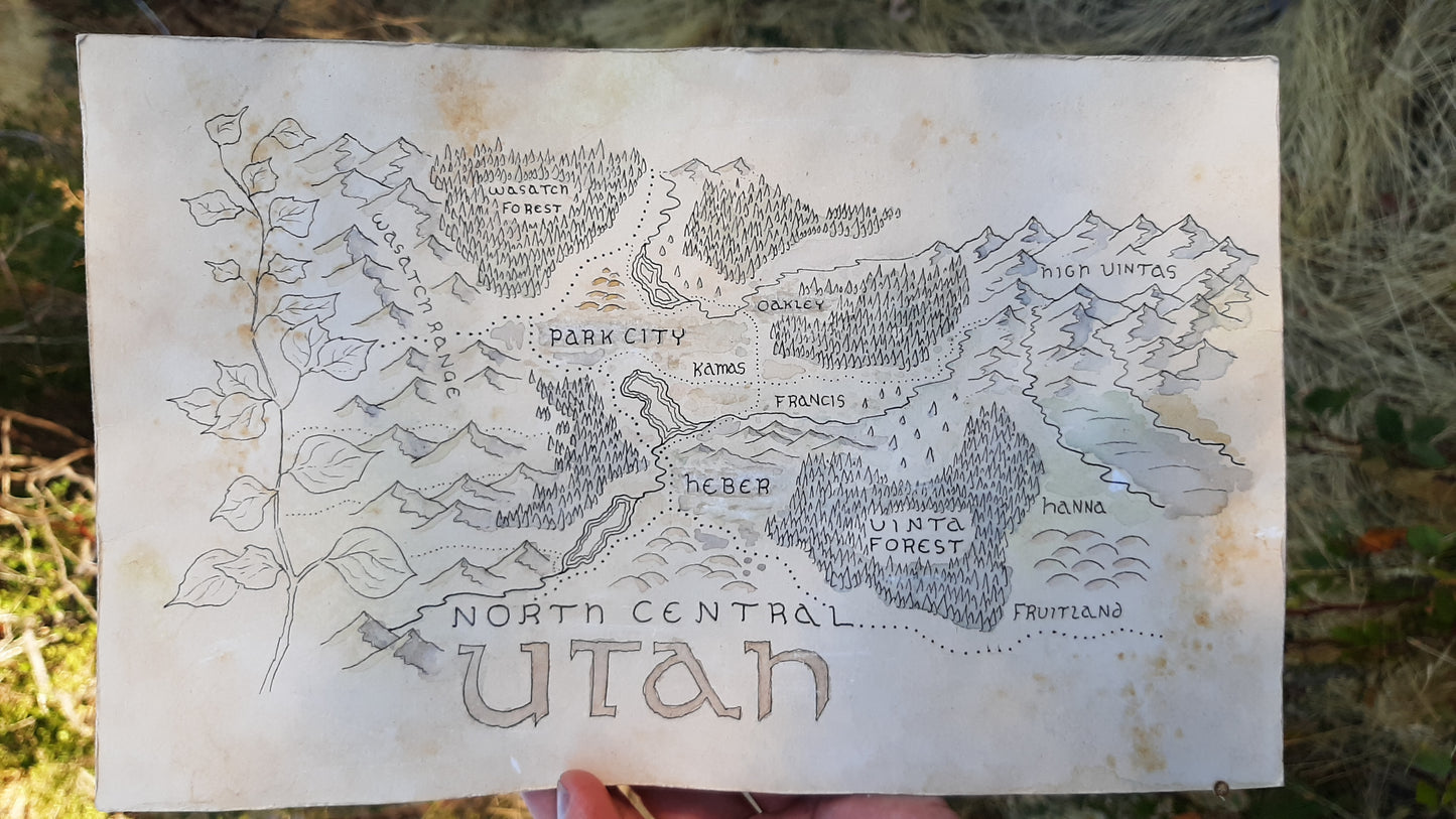 Handmade Fantasy Map - North Central Utah - Pen and Watercolor Original