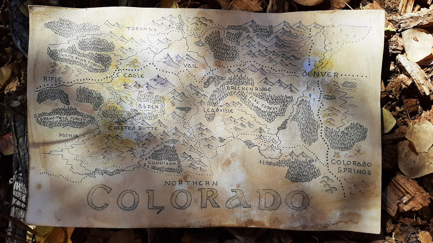 Handmade Fantasy Map - Northern Colorado - Pen and Watercolor Original