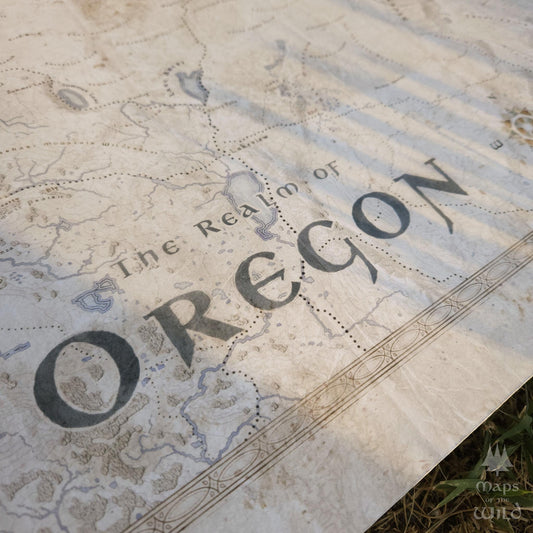 Oregon wall map done in fantasy art style for home and office decor.