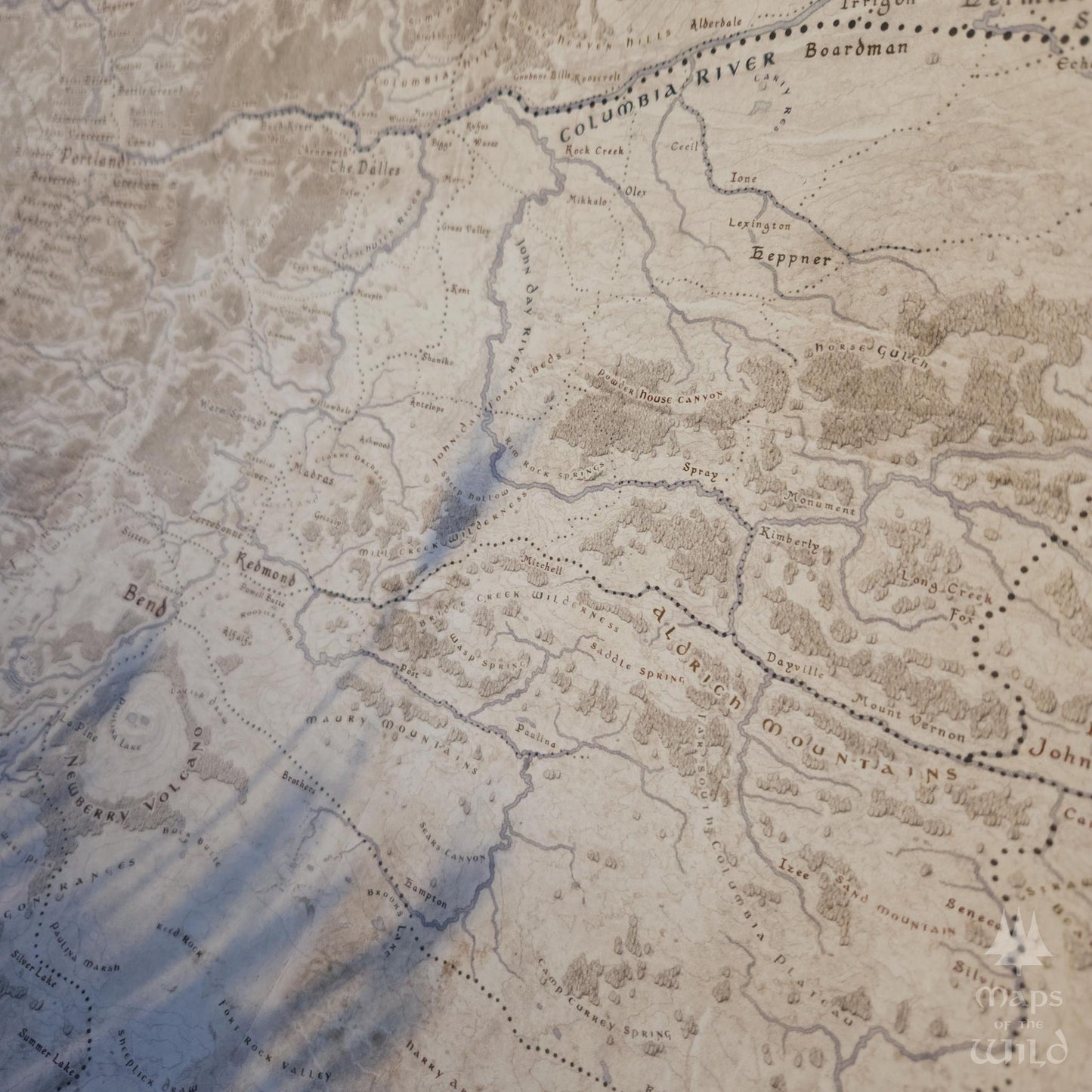 Oregon wall map done in fantasy art style for home and office decor.