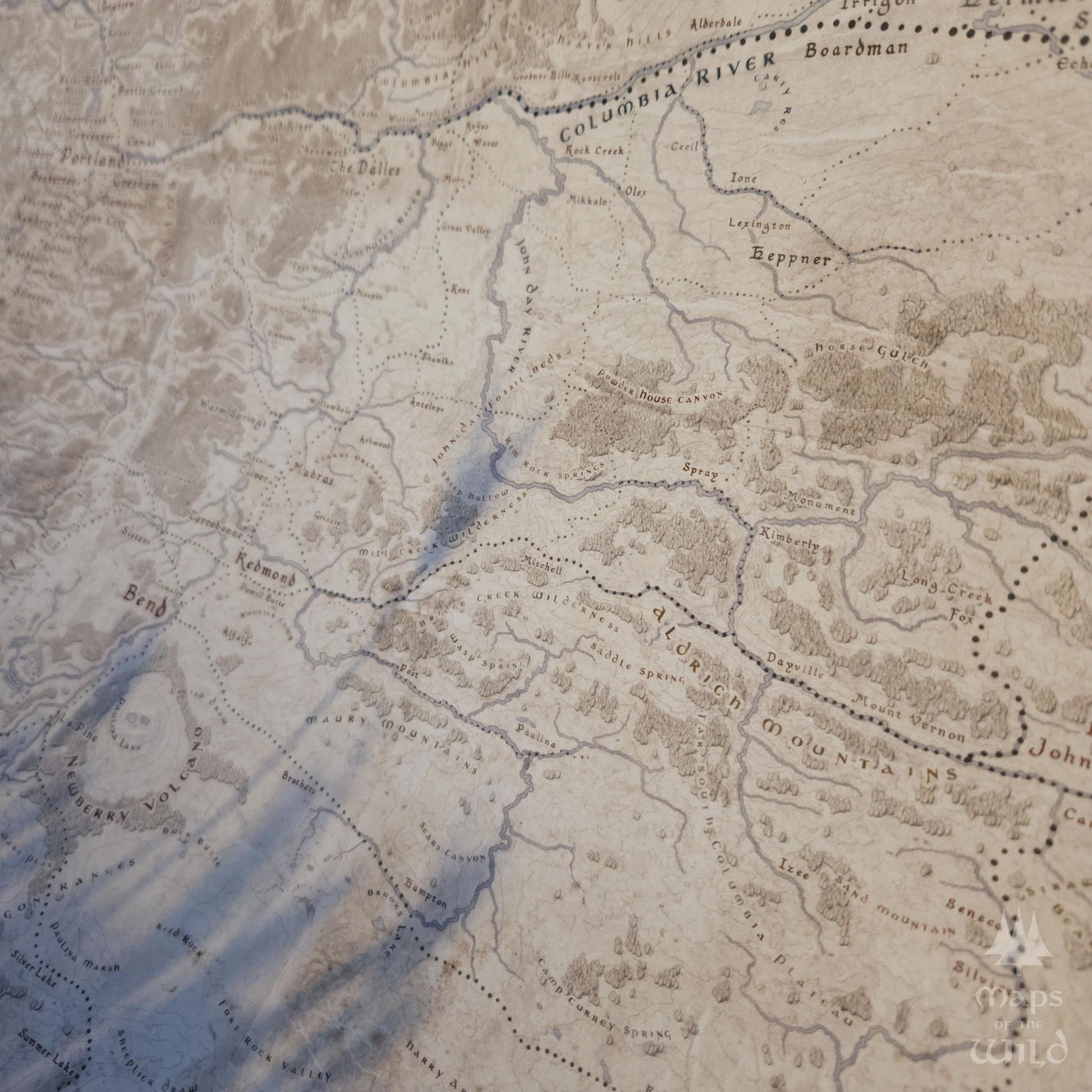 Oregon wall map done in fantasy art style for home and office decor.