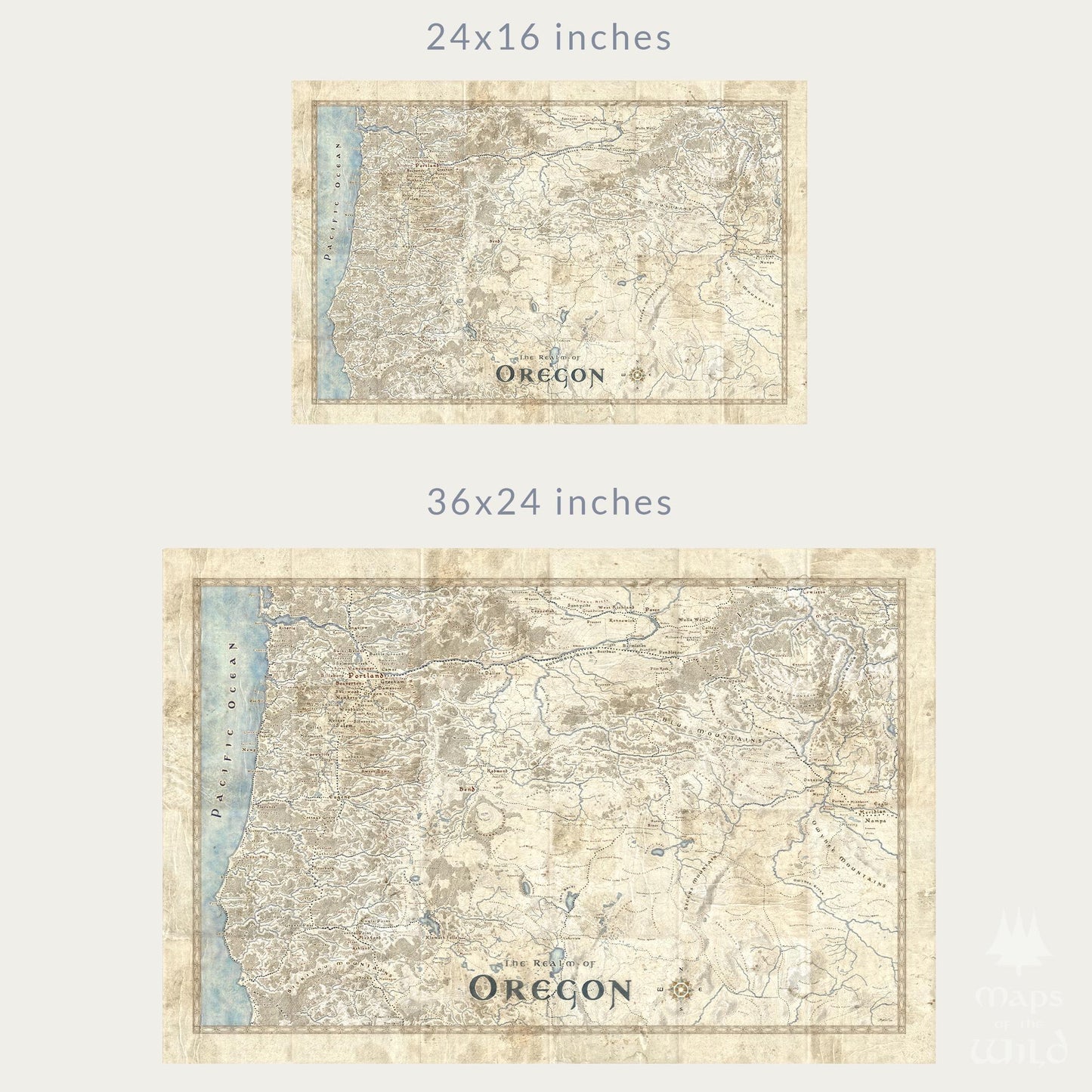 Oregon wall map done in fantasy art style for home and office decor.