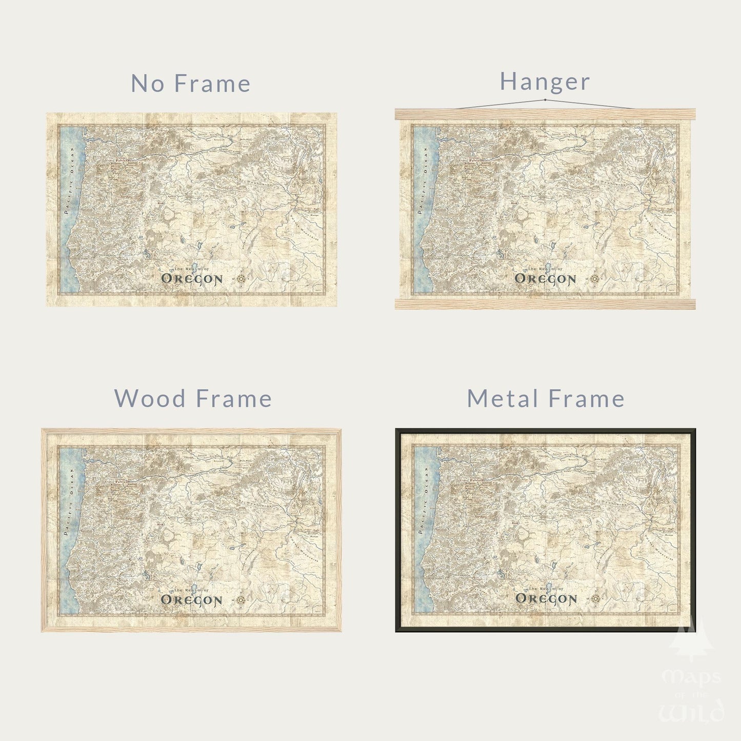 Oregon wall map done in fantasy art style for home and office decor.