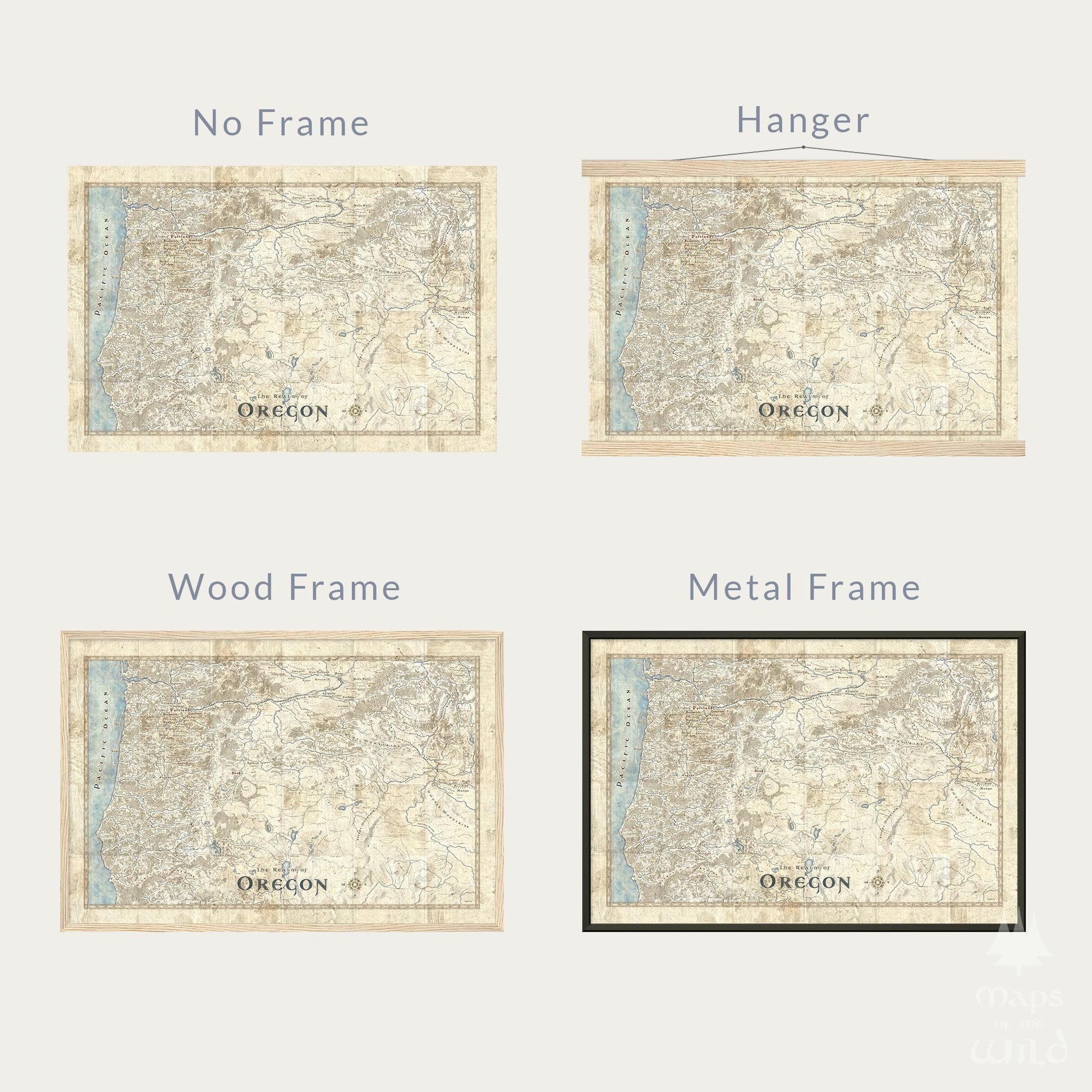 Oregon wall map done in fantasy art style for home and office decor.