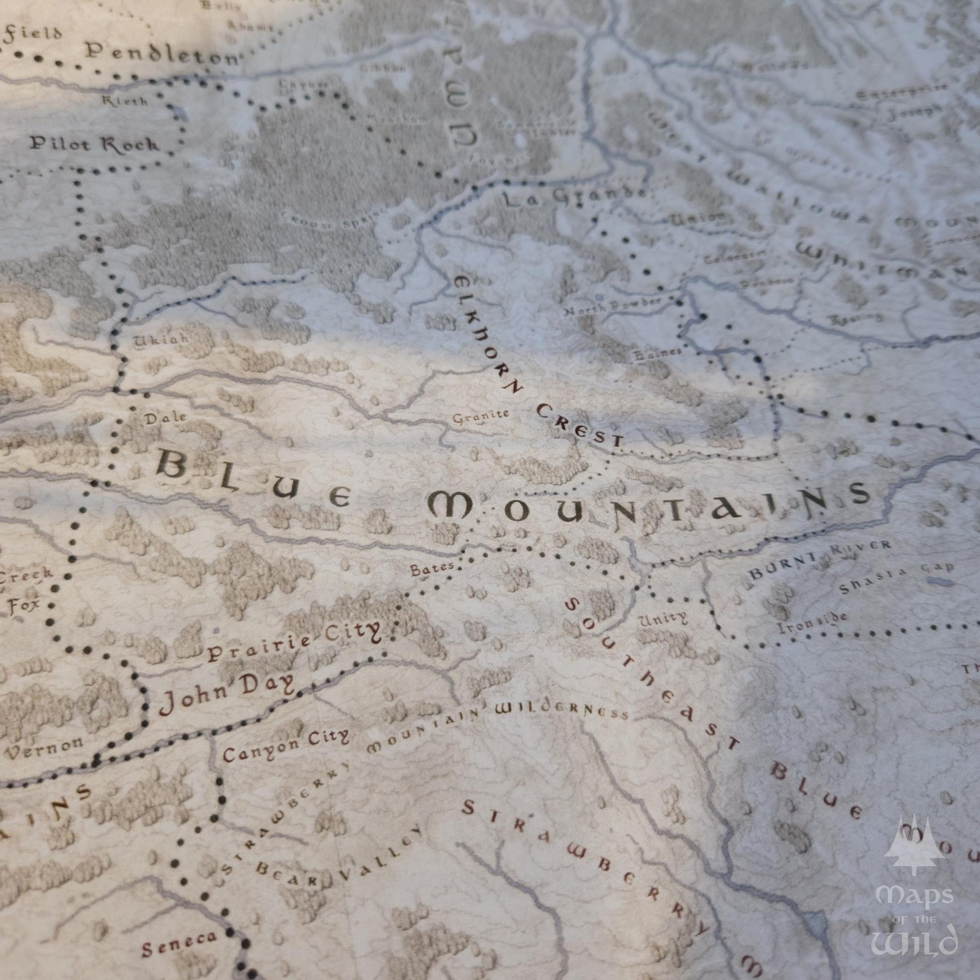 Oregon wall map done in fantasy art style for home and office decor.