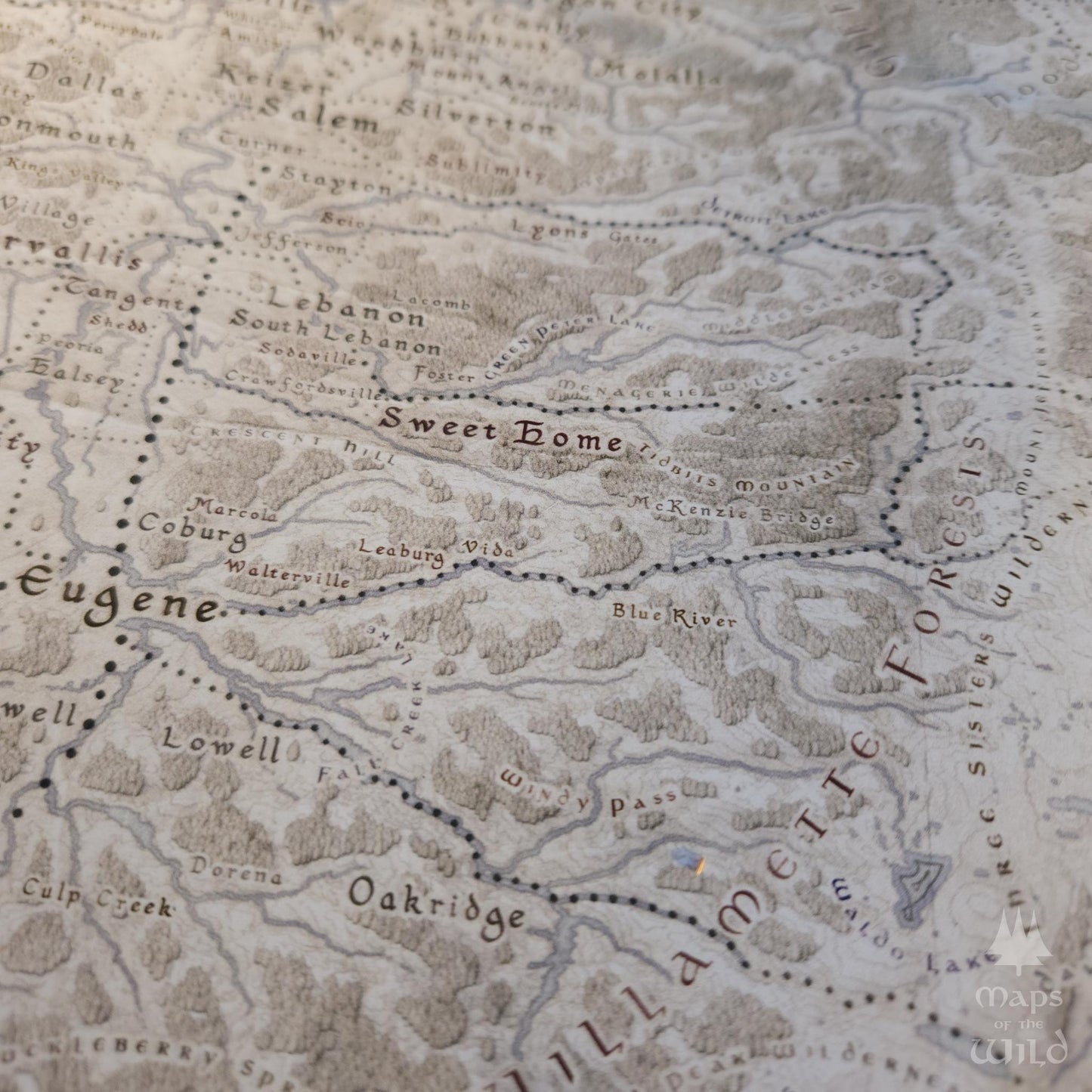 Oregon wall map done in fantasy art style for home and office decor.