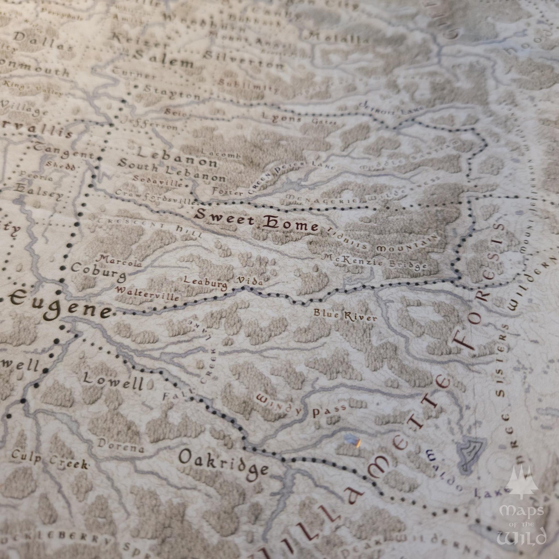 Oregon wall map done in fantasy art style for home and office decor.