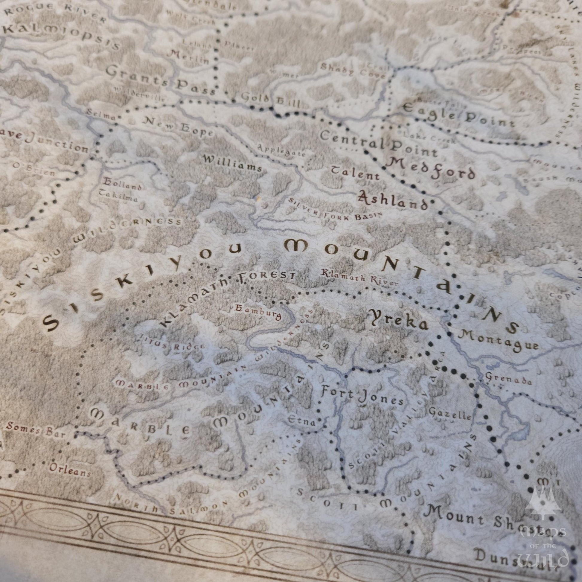 Oregon wall map done in fantasy art style for home and office decor.