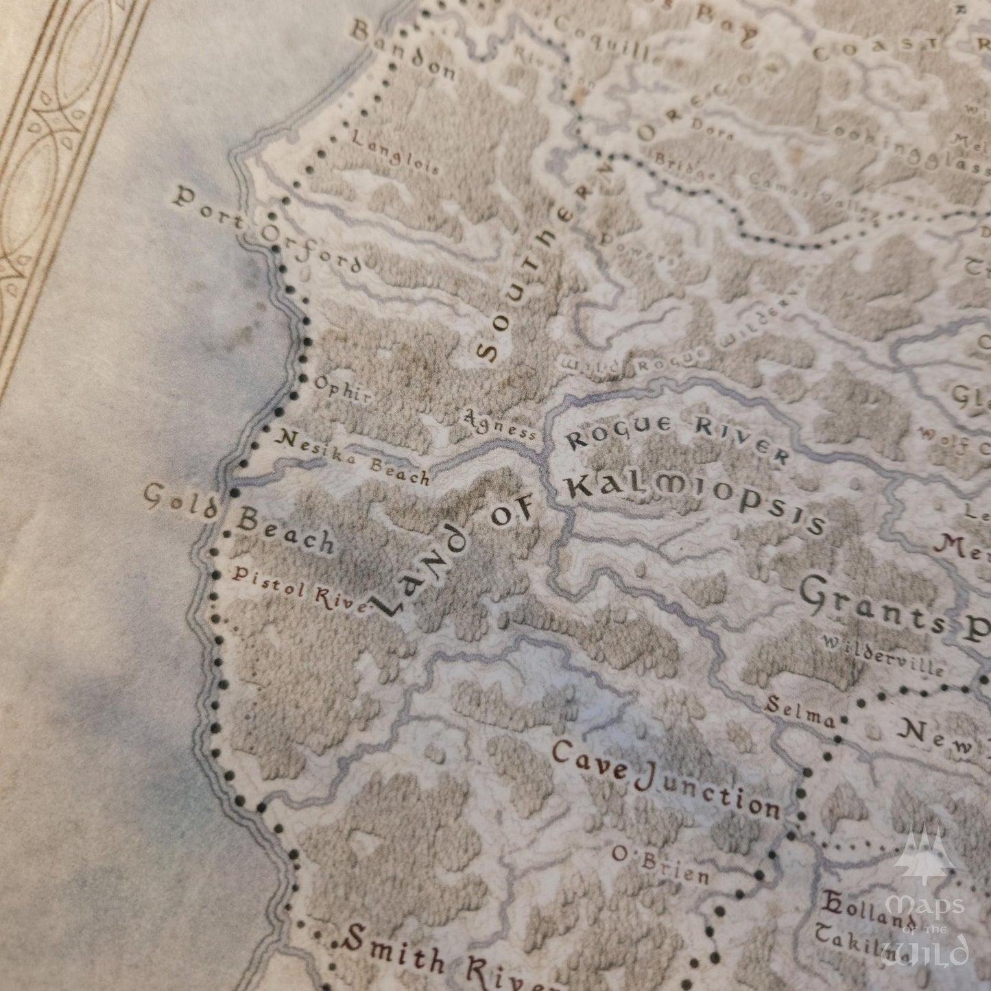 Oregon wall map done in fantasy art style for home and office decor.