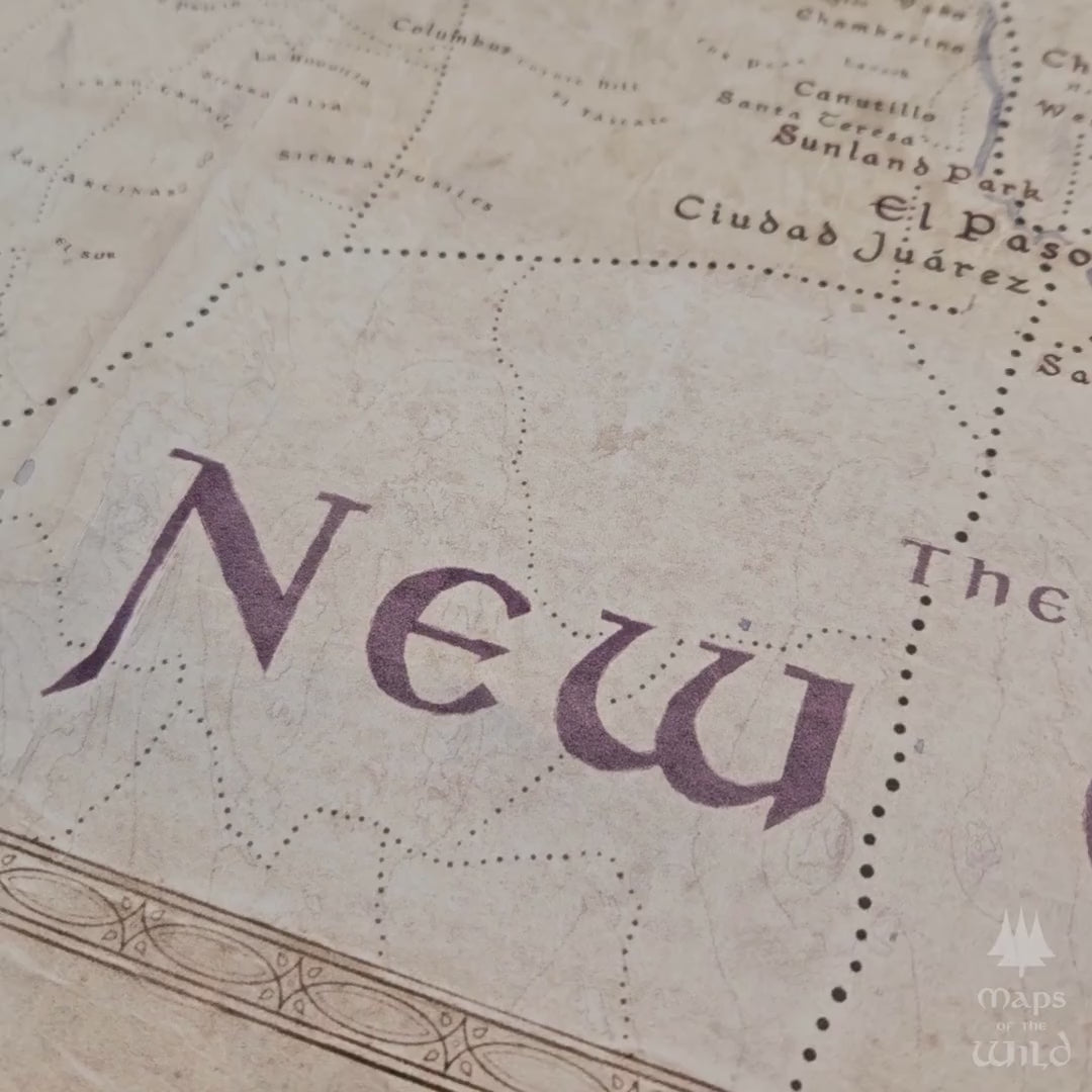 New Mexico wall map done in fantasy art style for home and office decor.
