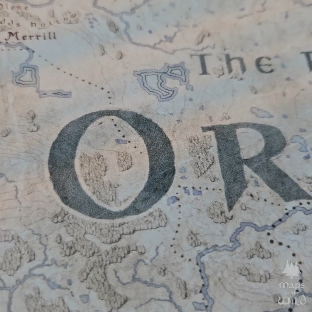Oregon wall map done in fantasy art style for home and office decor.