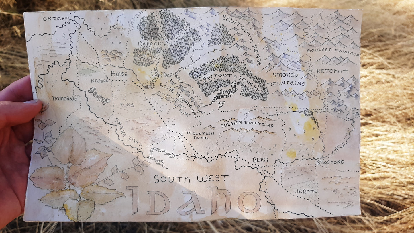 Handmade Fantasy Map - Southwest Idaho - Pen and Watercolor Original