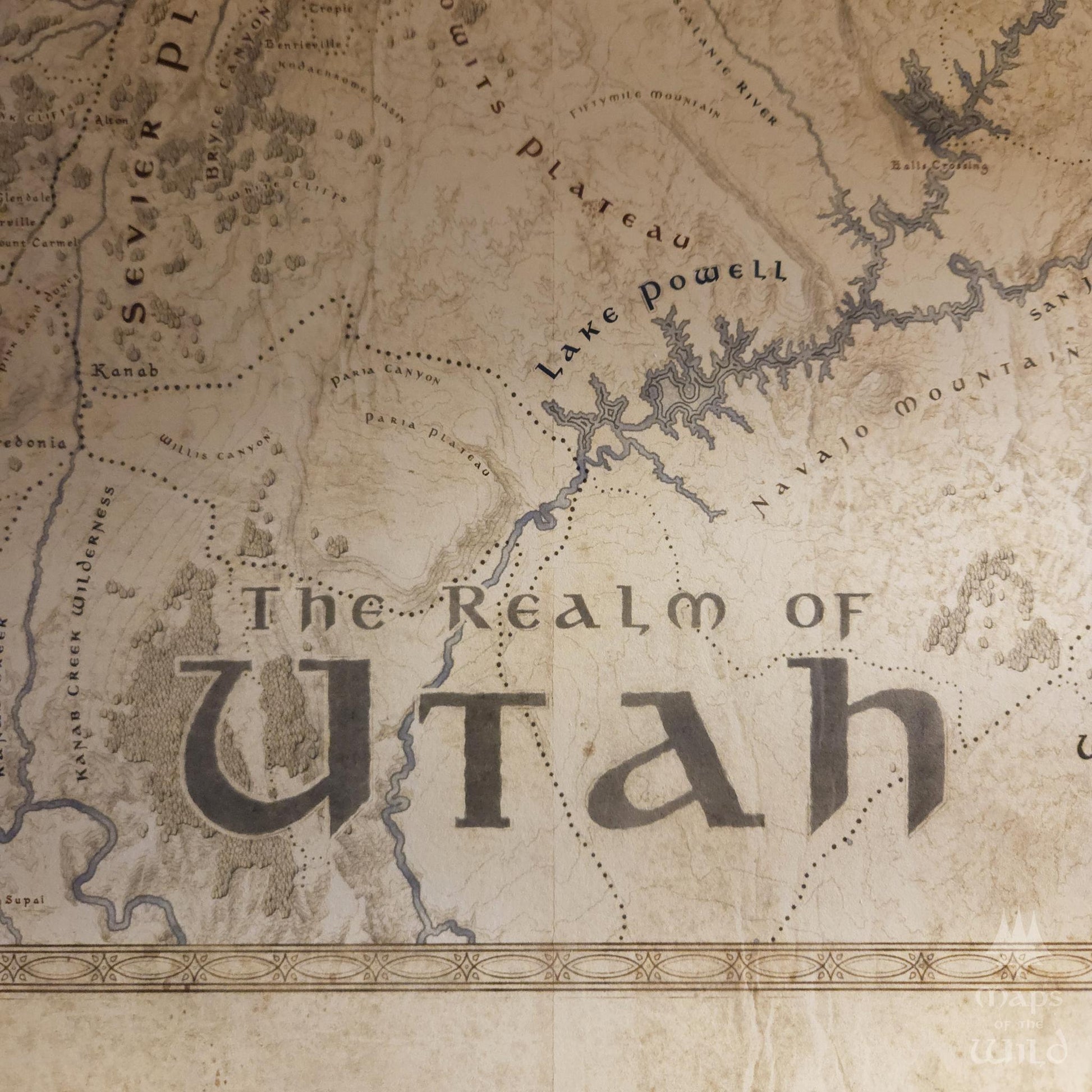 Utah wall map done in fantasy art style for home and office decor.