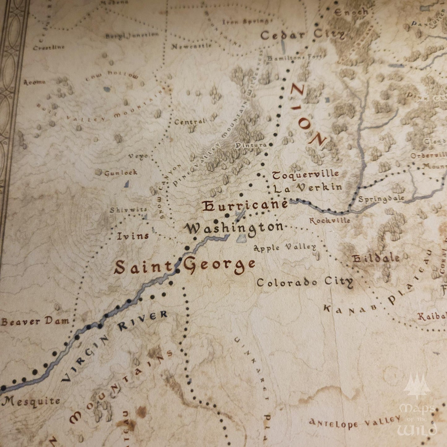 Utah wall map done in fantasy art style for home and office decor.
