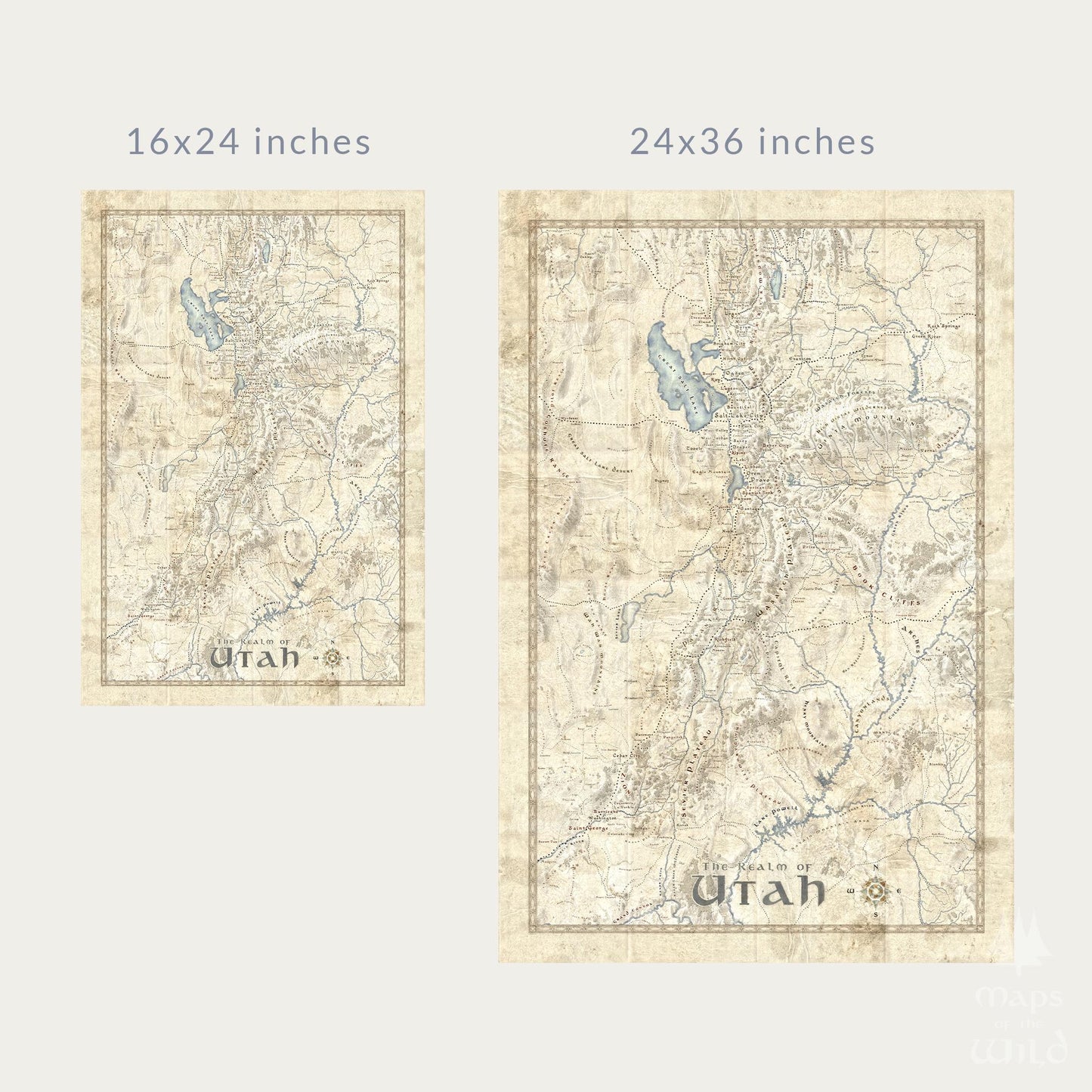 Utah wall map done in fantasy art style for home and office decor.