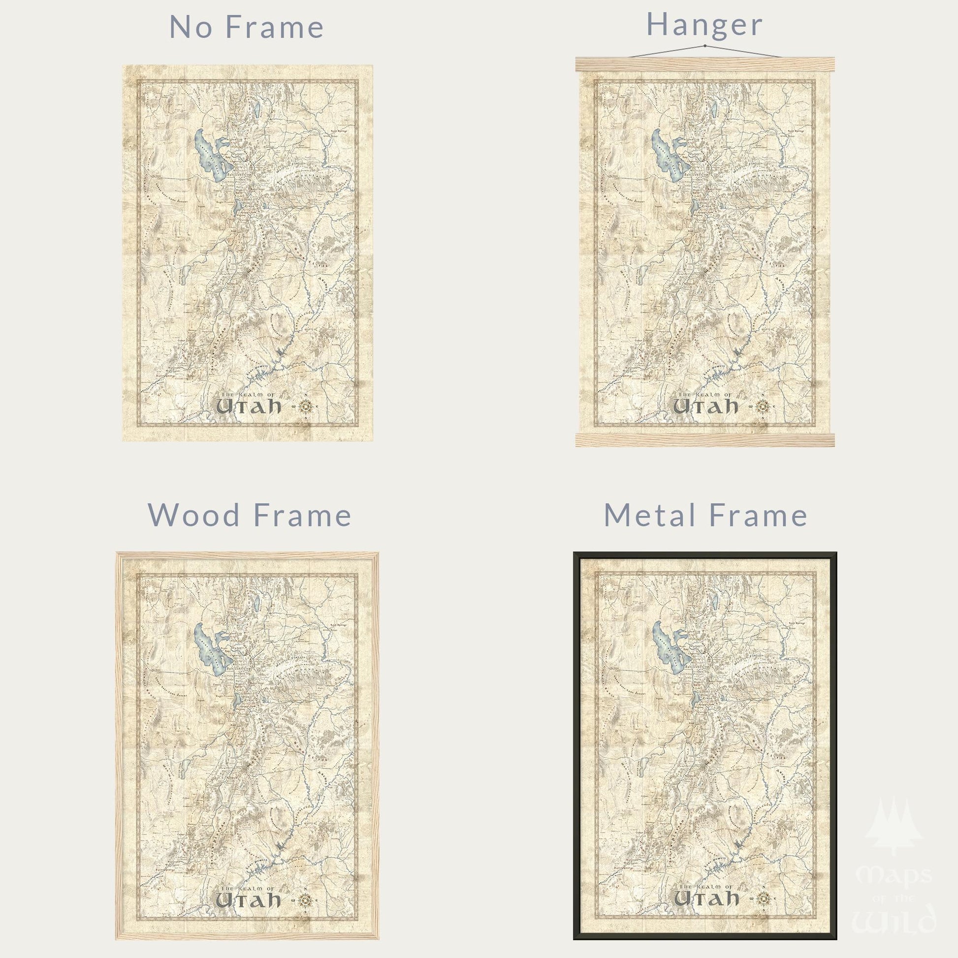 Utah wall map done in fantasy art style for home and office decor.