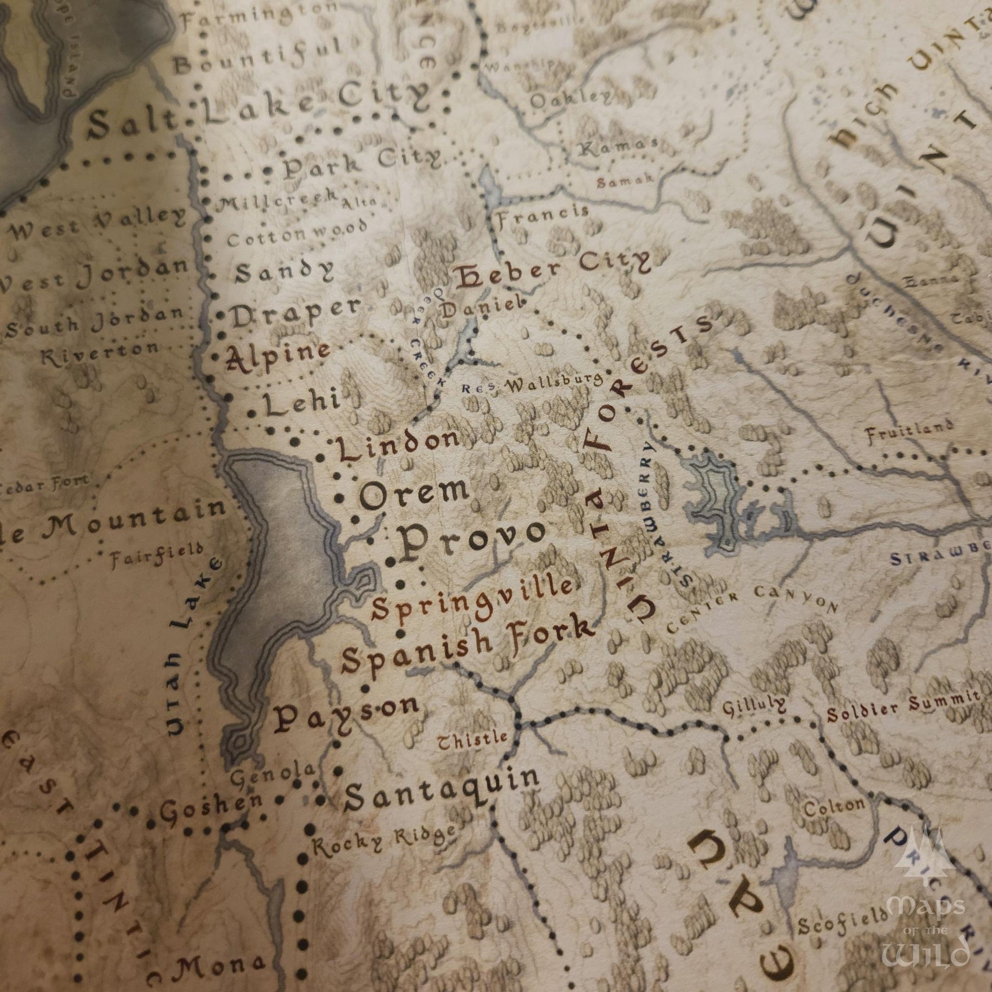 Utah wall map done in fantasy art style for home and office decor.