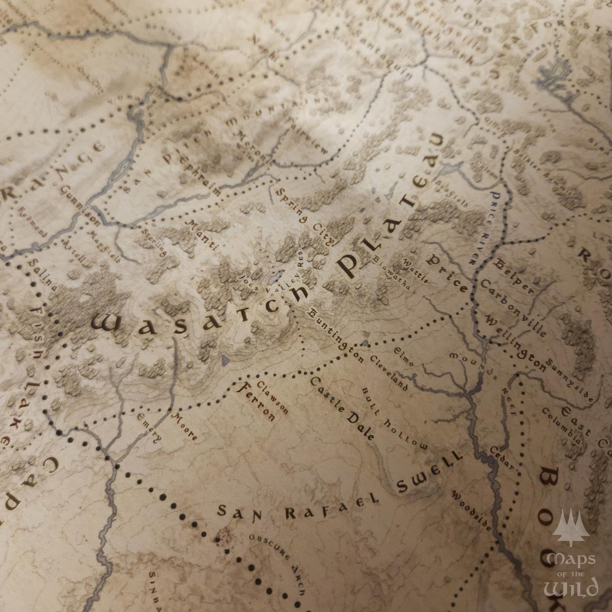 Utah wall map done in fantasy art style for home and office decor.