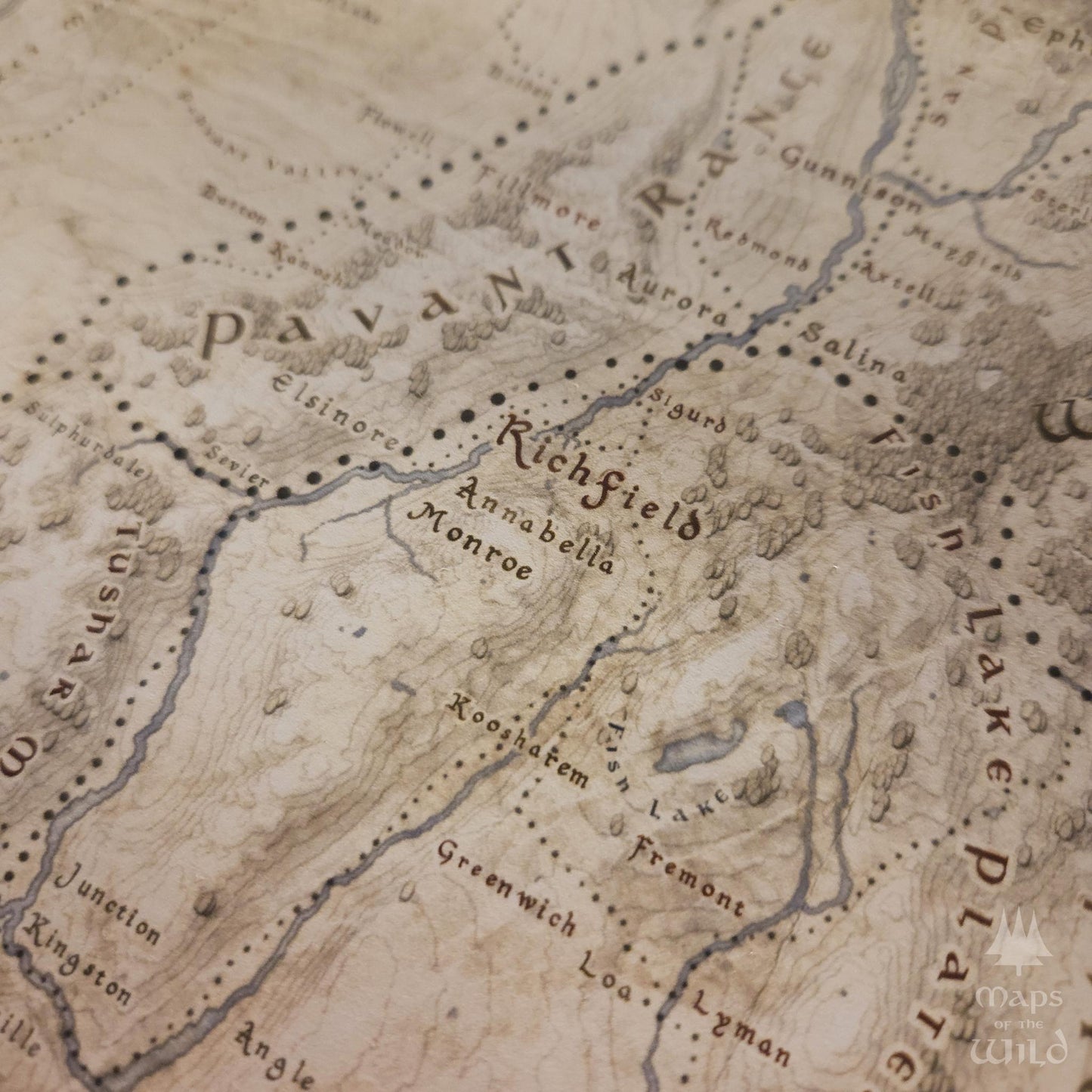 Utah wall map done in fantasy art style for home and office decor.