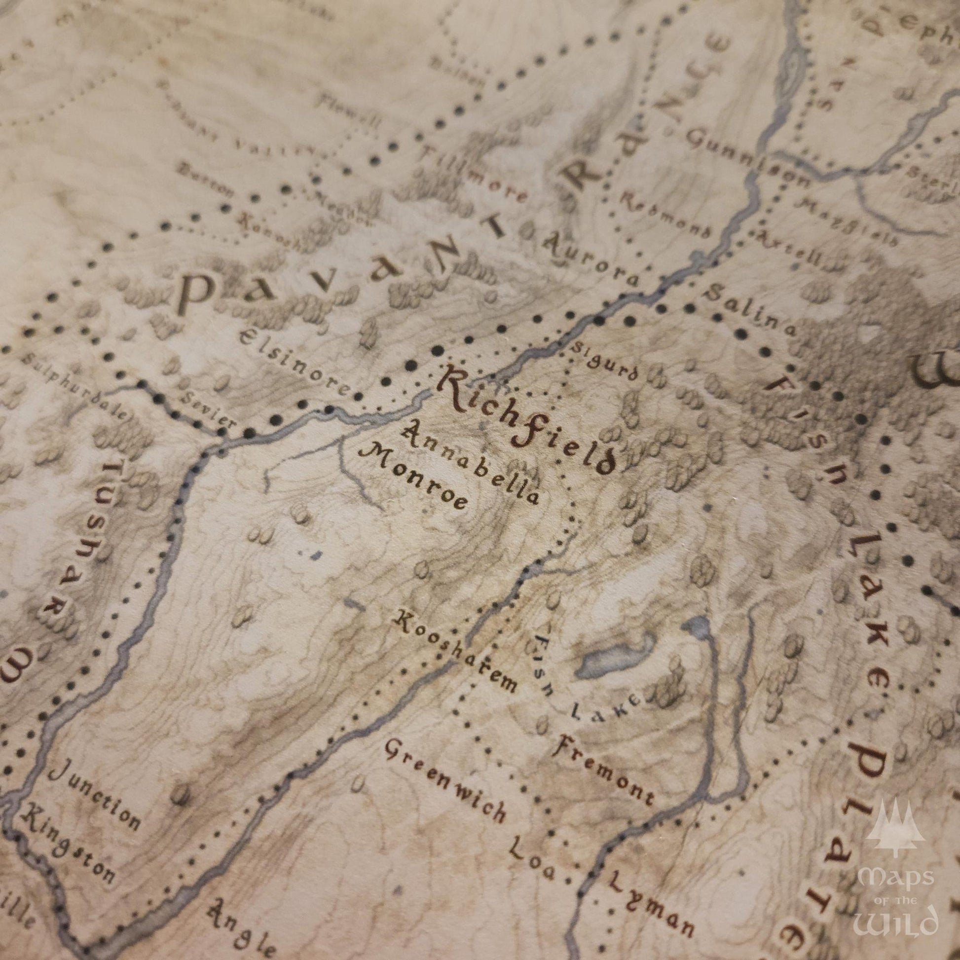 Utah wall map done in fantasy art style for home and office decor.