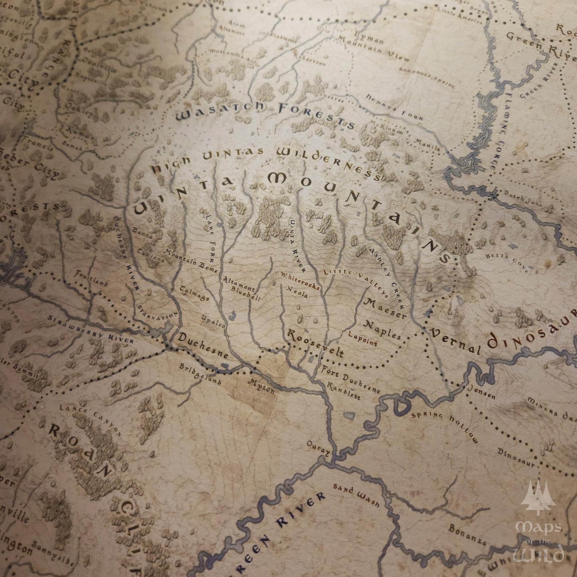 Utah wall map done in fantasy art style for home and office decor.