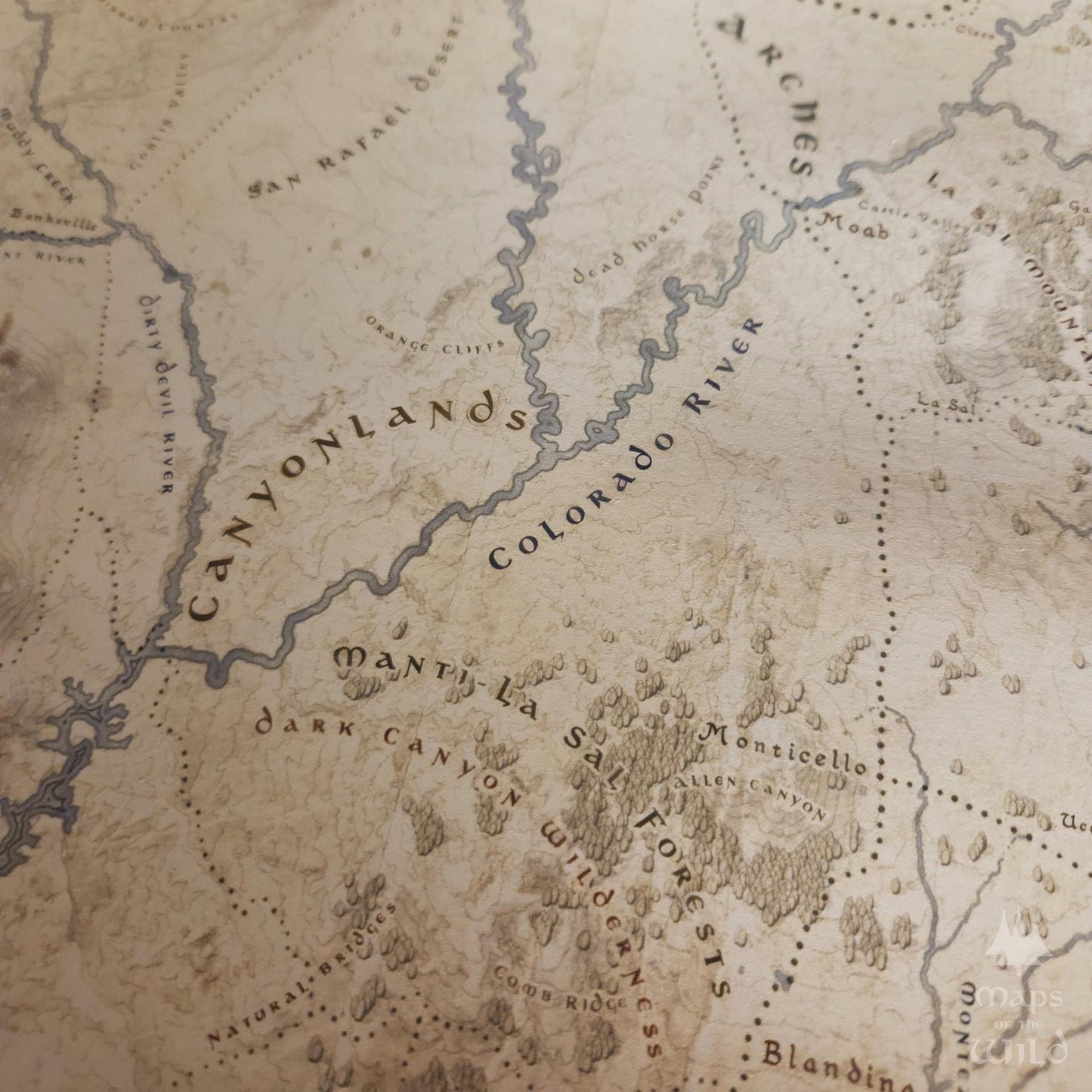 Utah wall map done in fantasy art style for home and office decor.